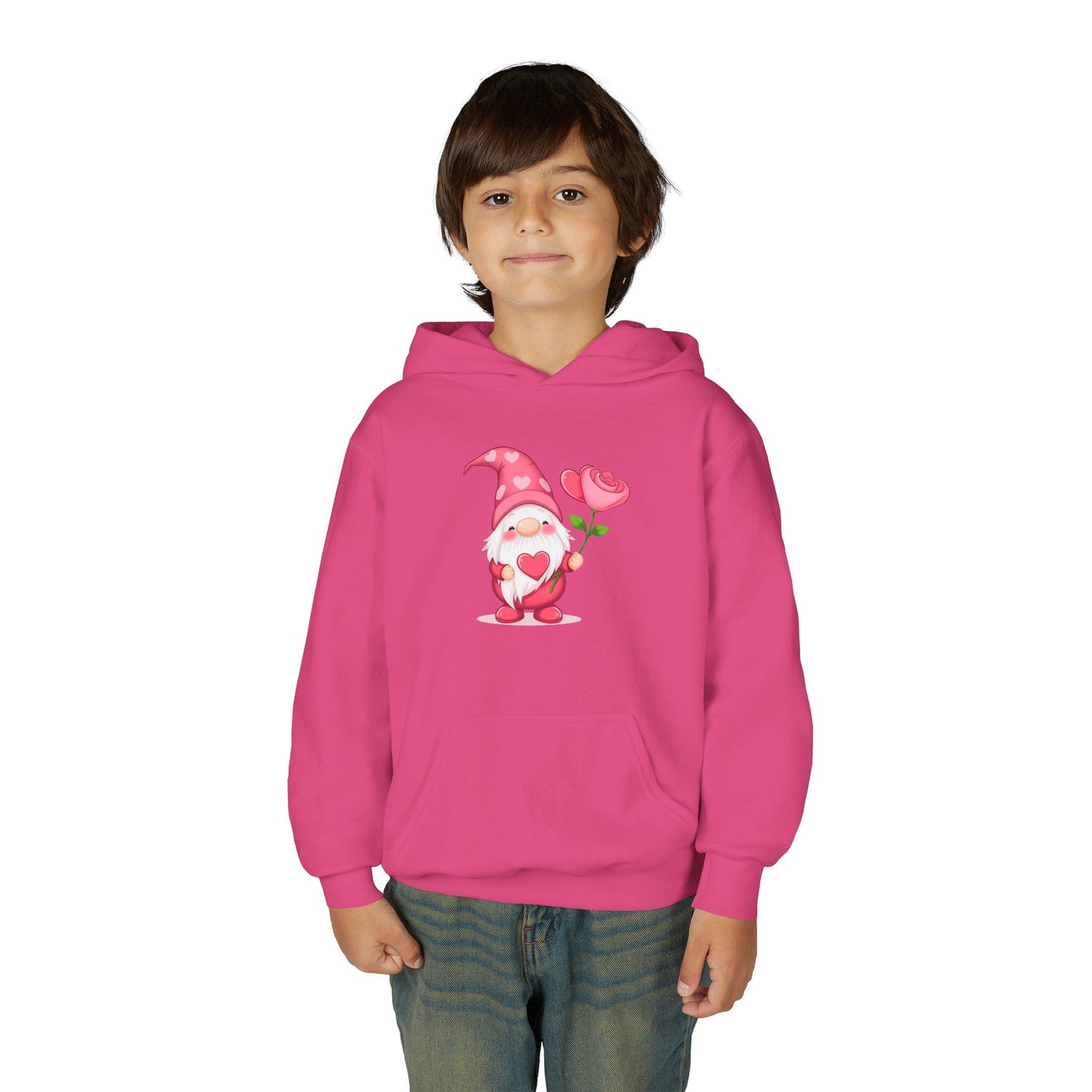 Valentine Gnome Kids Hoodie — Cute Pink Gnome Holding Rose Youth Sweatshirt