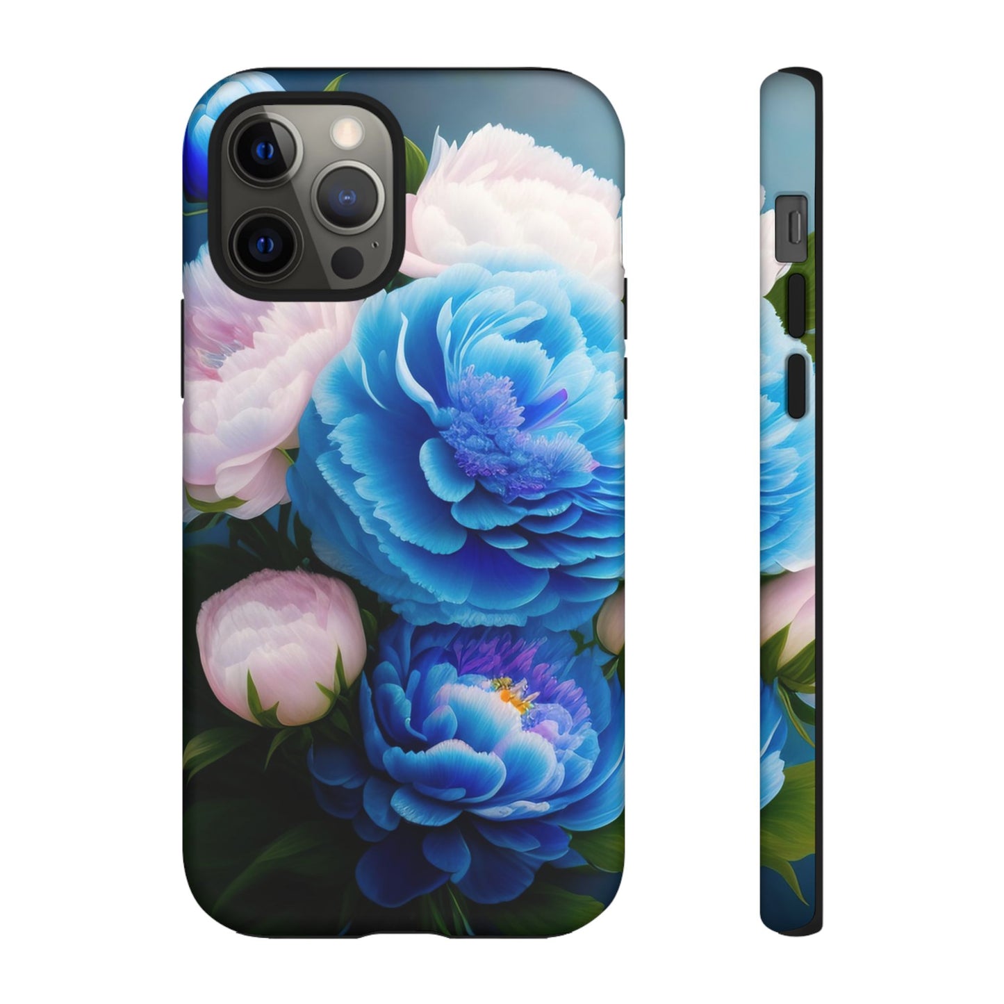 Floral Blue Peony Phone Case — Protective Tough Case with Pink & Blue Blooms