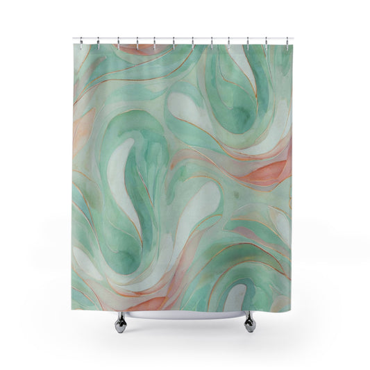 Aqua Marble Shower Curtain — Mint Green & Coral Swirl Bathroom Decor