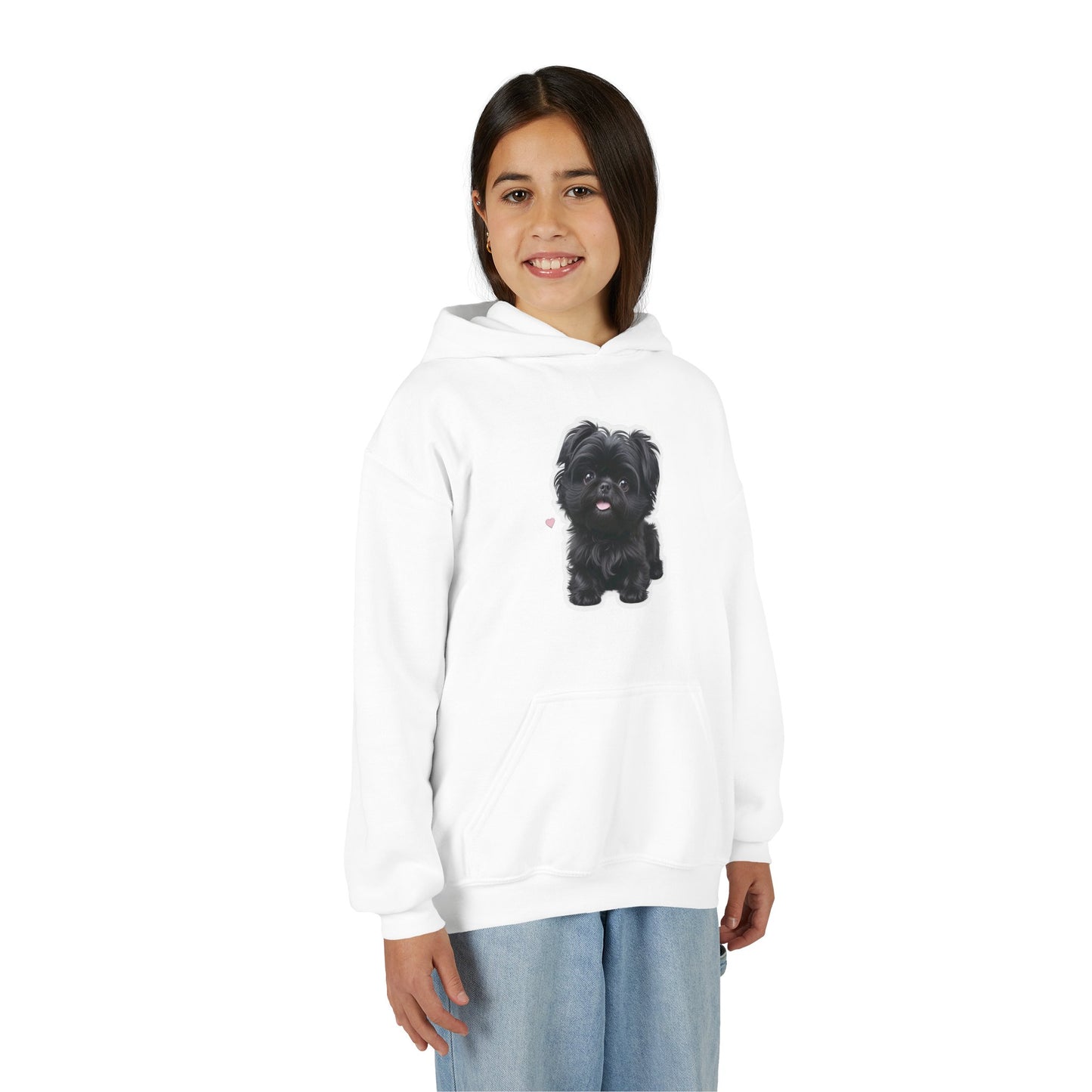 Youth Hoodie — Cute Black Shih Tzu with “Love Has Four Paws” Back Print