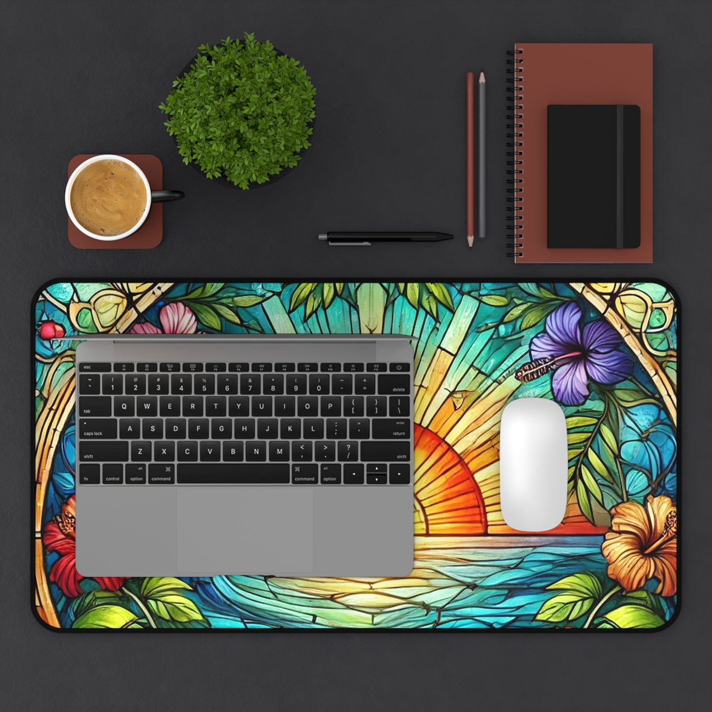 Sunset Tropical Desk Mat — Stained-Glass Sunrise Beach Mouse Pad