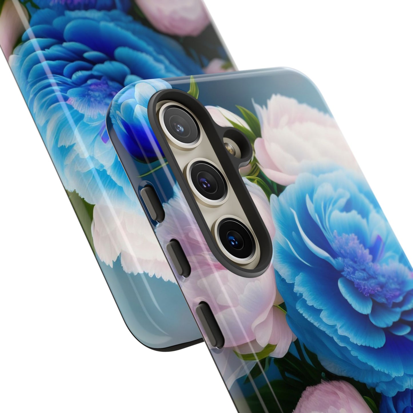 Floral Blue Peony Phone Case — Protective Tough Case with Pink & Blue Blooms