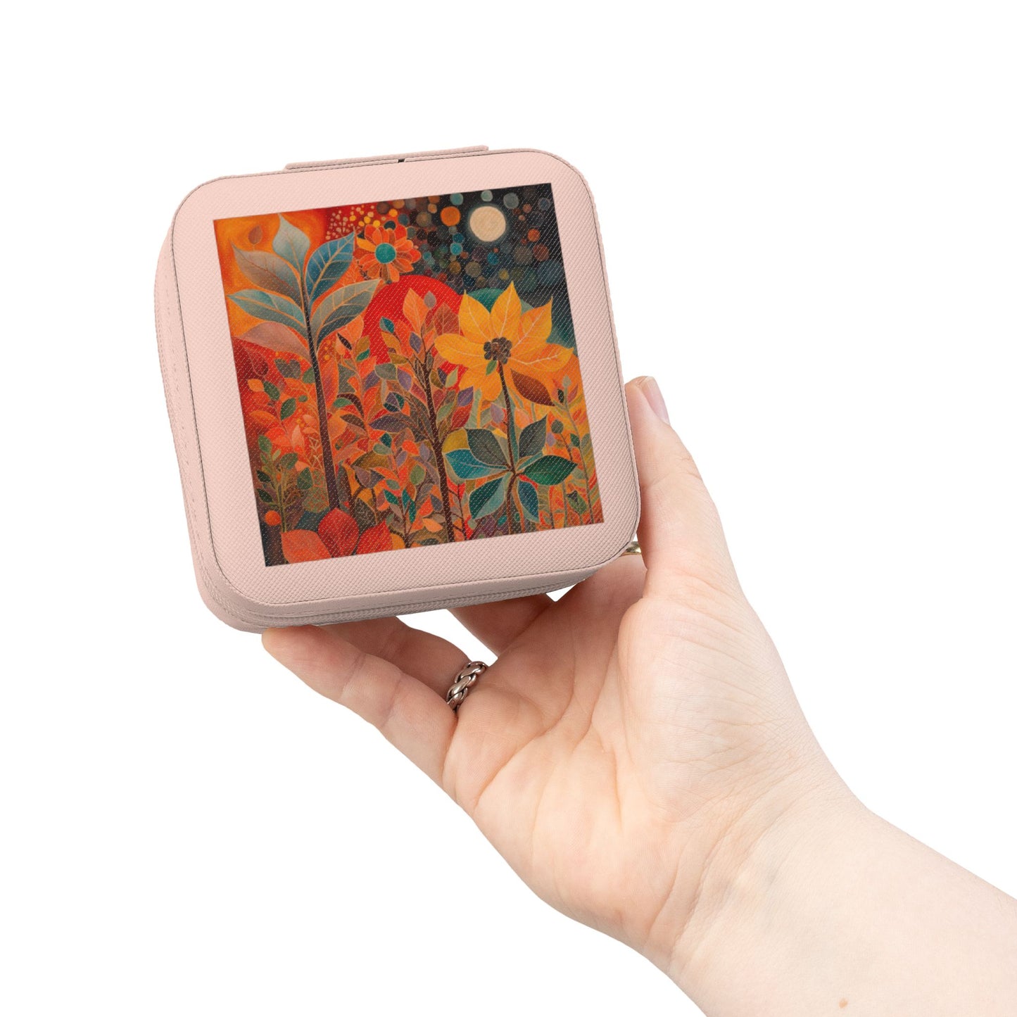 Floral Sunset Jewelry Travel Case — Compact Organizer for Rings, Earrings & Necklaces