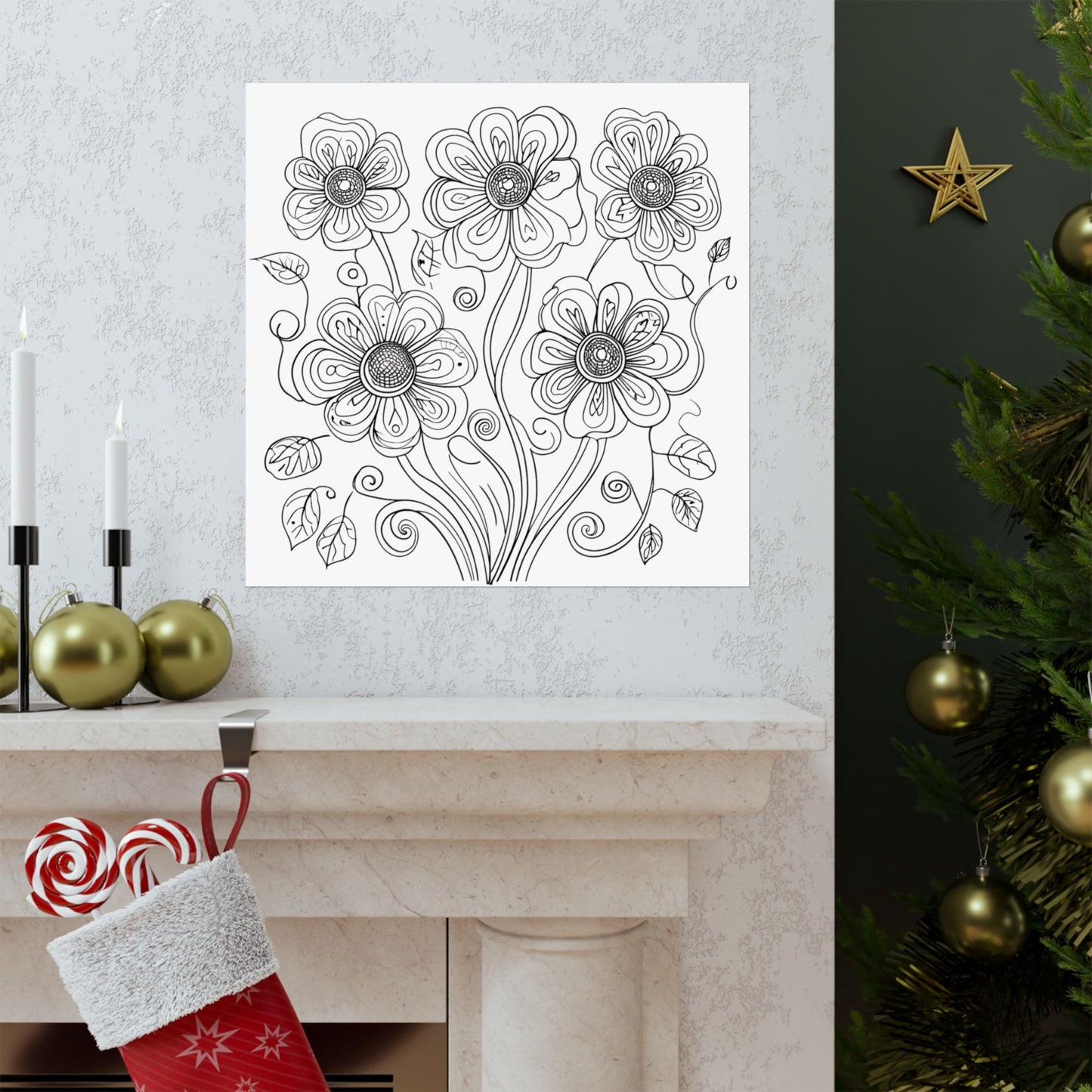 Floral Line Art Poster — Black & White Daisy Bouquet Matte Print - DIY