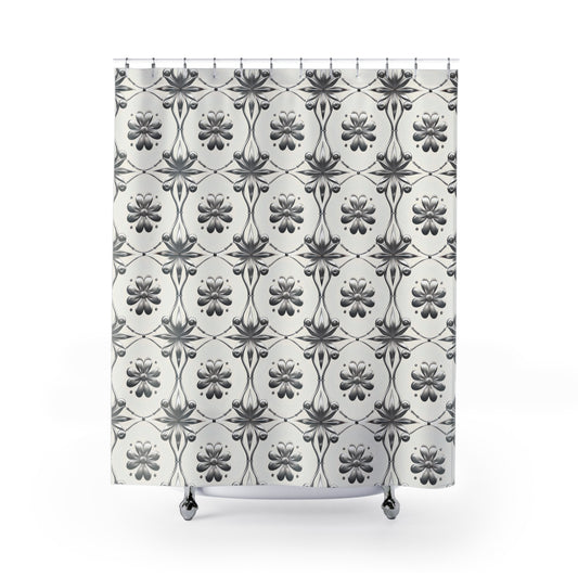 Vintage Floral Tile Shower Curtain – Monochrome Victorian Pattern