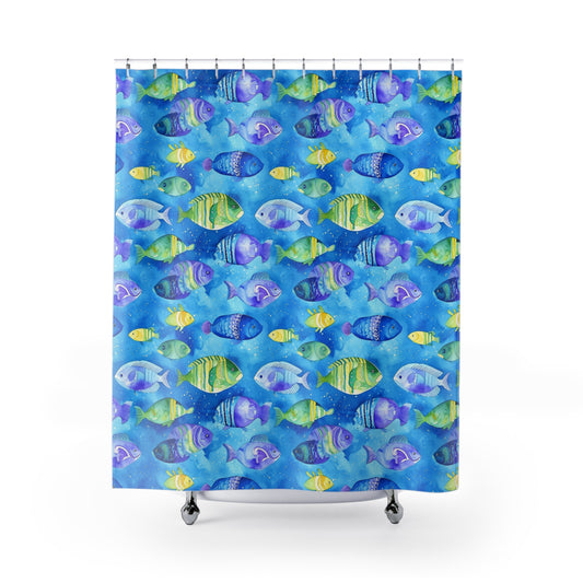 Underwater Fish Pattern Shower Curtain — Blue Tropical Sea Life Bathroom Decor