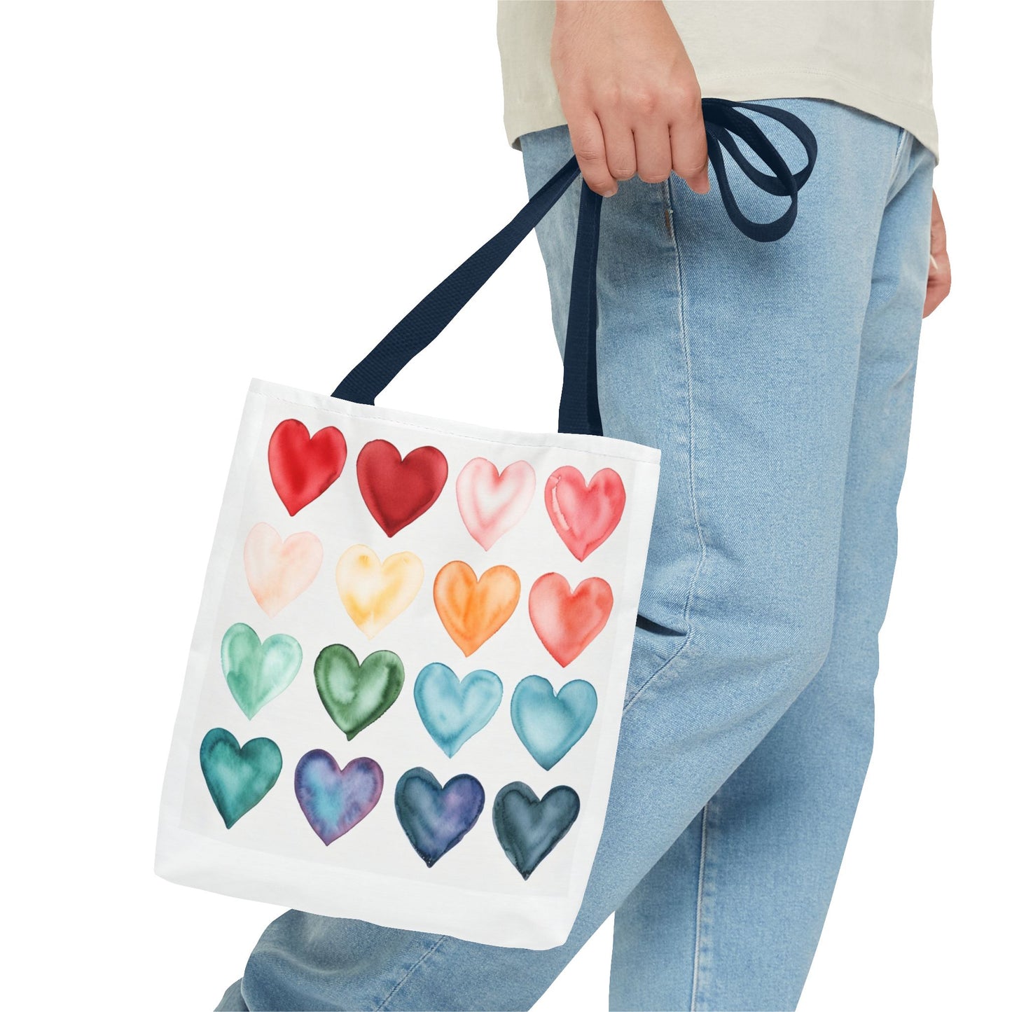 Watercolor Rainbow Hearts Tote Bag — Colorful Heart Pattern Beach & Market Tote