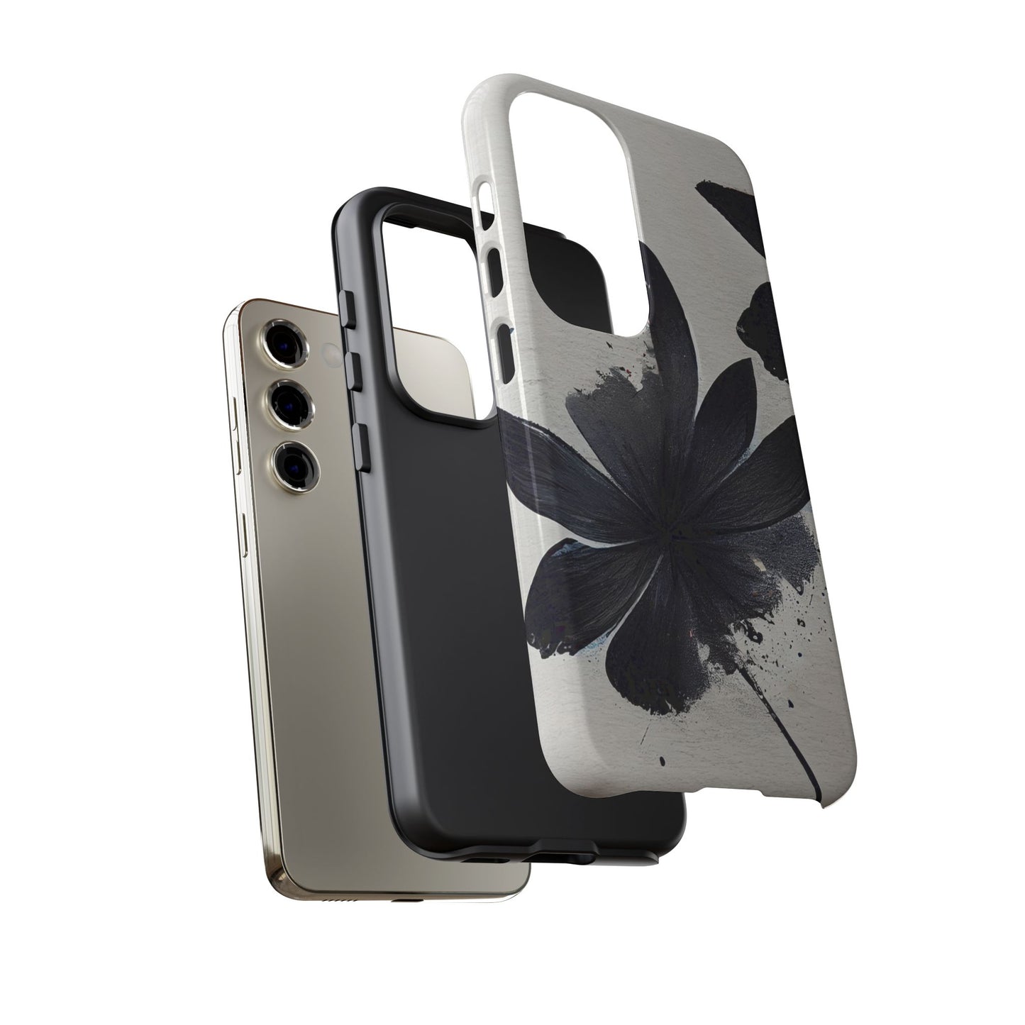 Monochrome Floral Tough Phone Case — Black Ink Flower Protective Cover