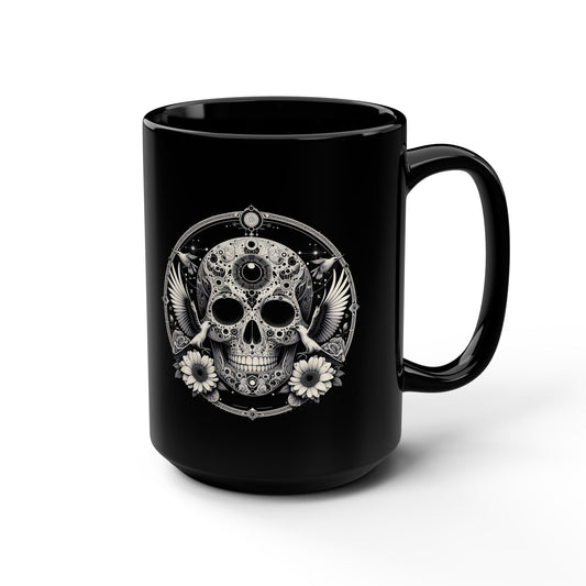 15oz Black Mug — Gothic Skull with Doves & Daisies Coffee Cup