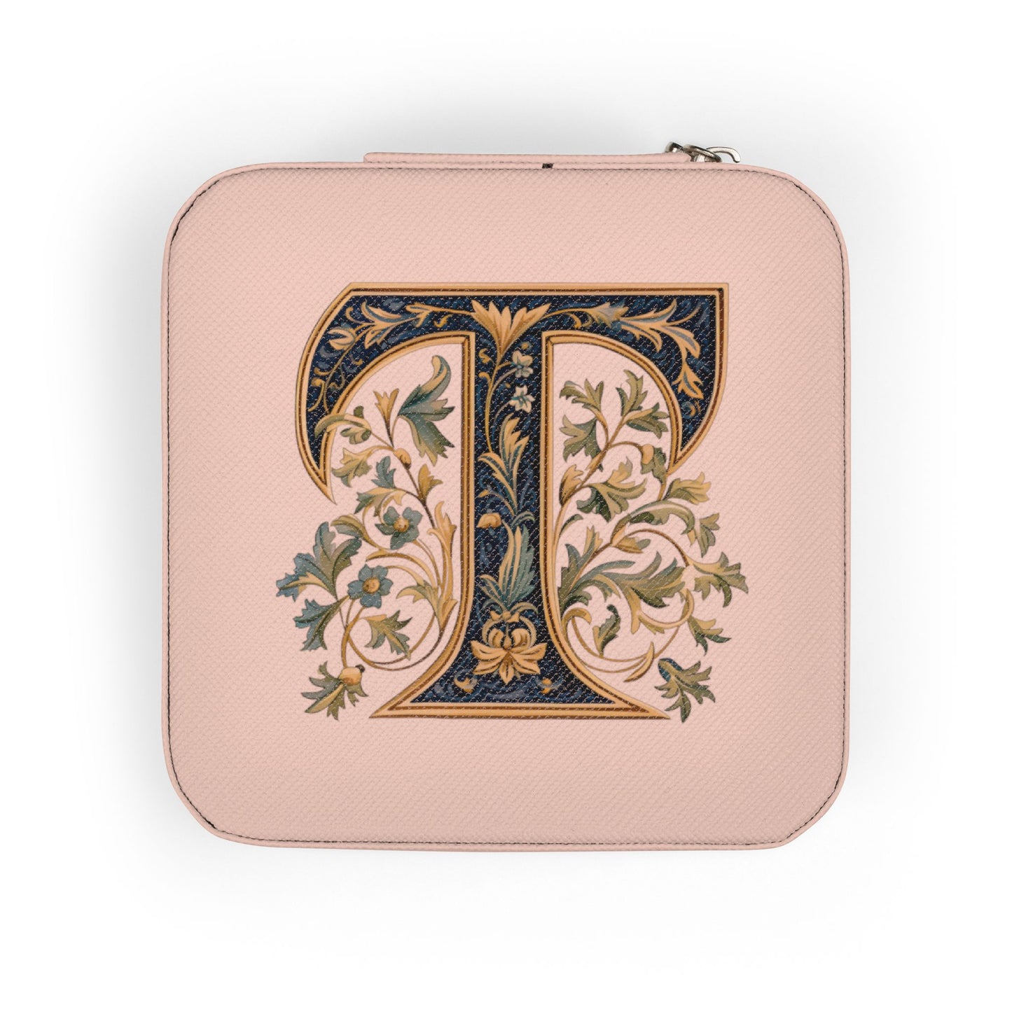 Travel Jewelry Case – Monogram 'T' Compact Organizer, Pink Leatherette Gift for Her