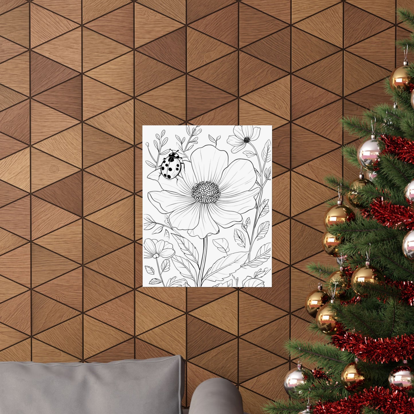 Botanical Ladybug Matte Poster — Floral Line Art Vertical Wall Print