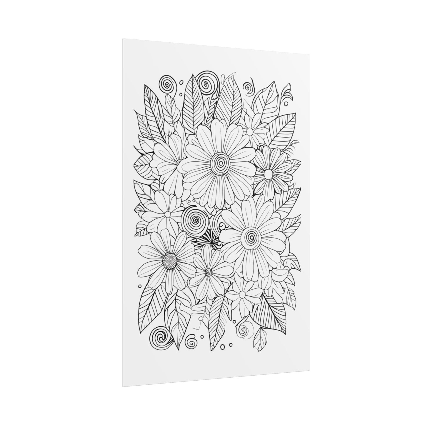 Floral Coloring Poster — Rolled Black & White Doodle Print for Adults, DIY Wall Art