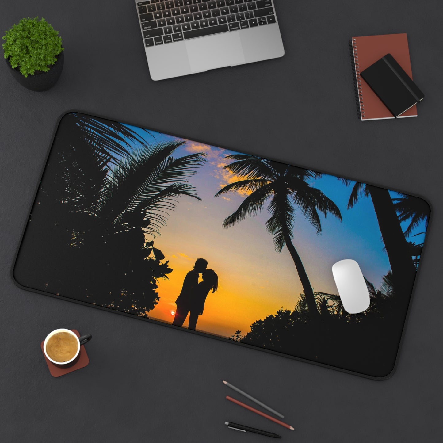 Sunset Beach Romance Desk Mat — Tropical Couple Silhouette Mouse Pad