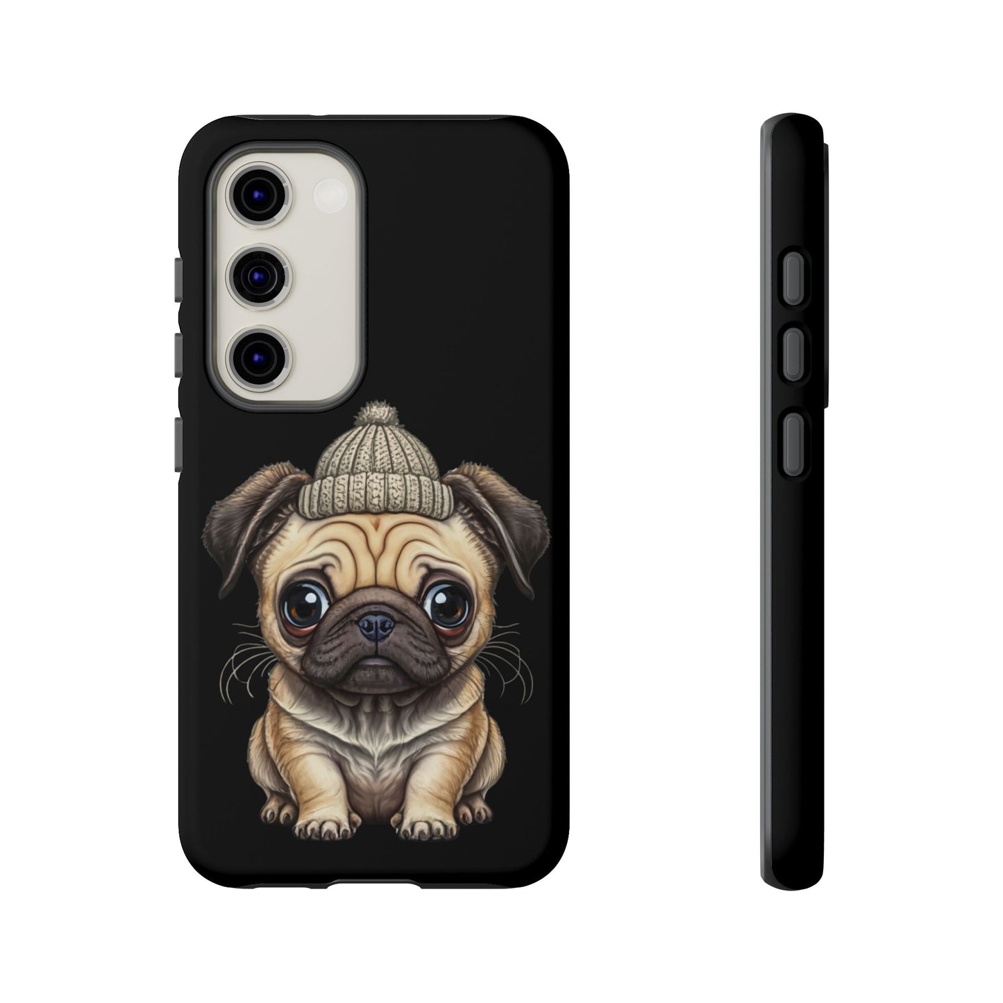 Pug Phone Case – Cute Pug Puppy Illustration on Black Tough Case