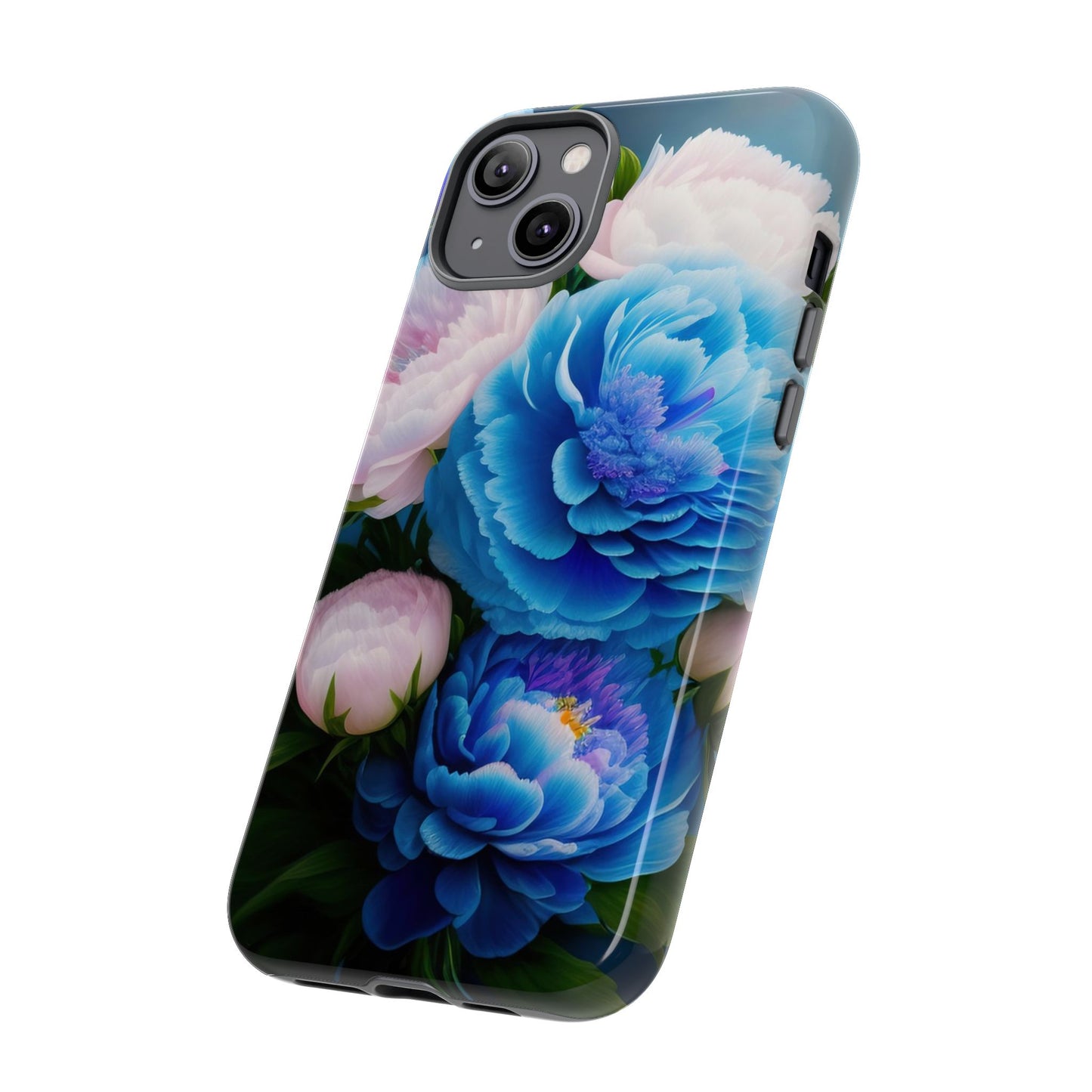 Floral Blue Peony Phone Case — Protective Tough Case with Pink & Blue Blooms