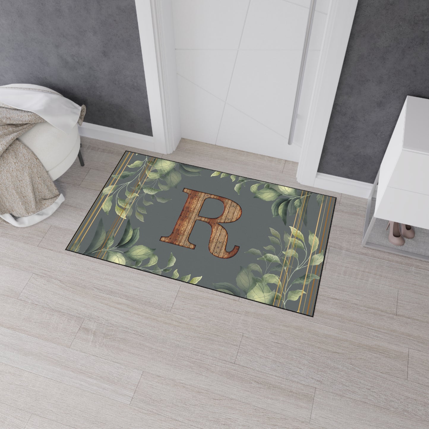 Personalized Monogram Floor Mat - Rustic Wood 'R' with Greenery Welcome Rug - Letter R