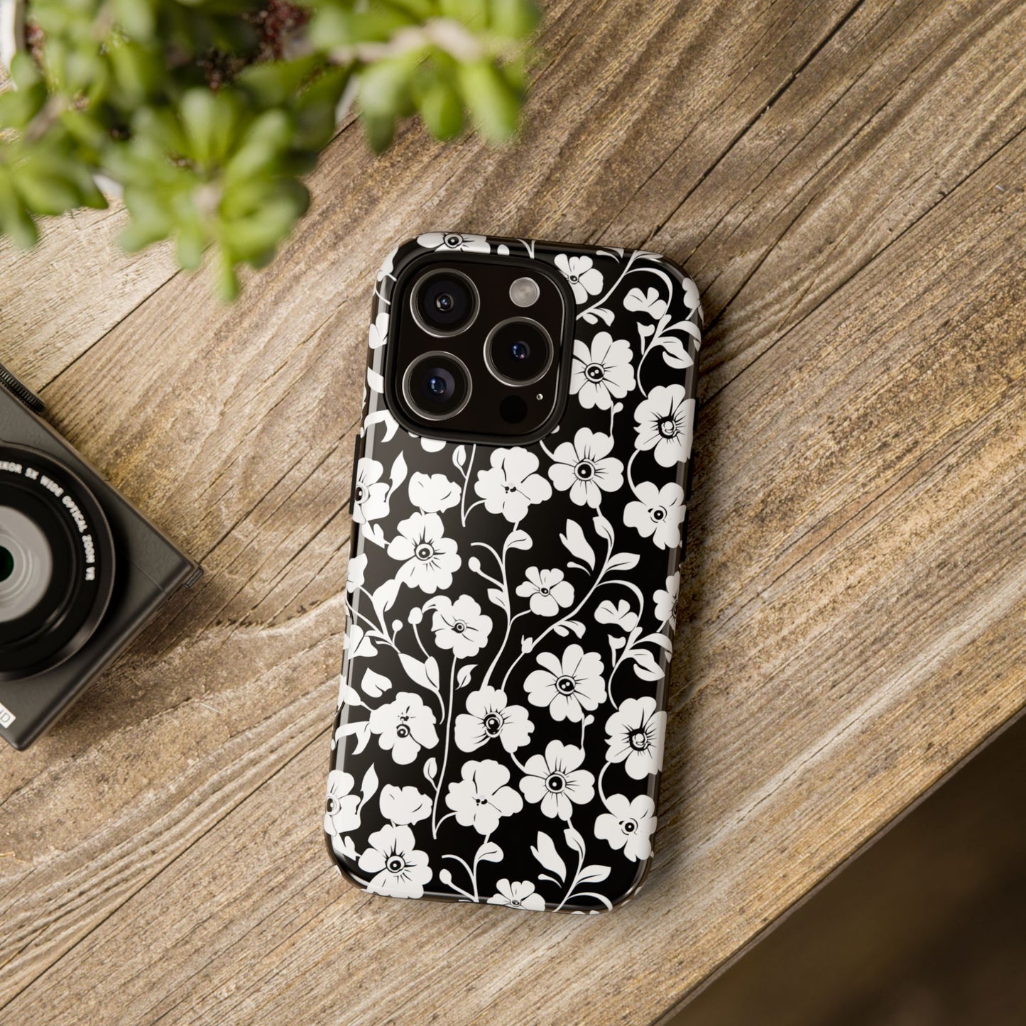 Floral Noir Tough Phone Case — Black & White Flower Protective Cover