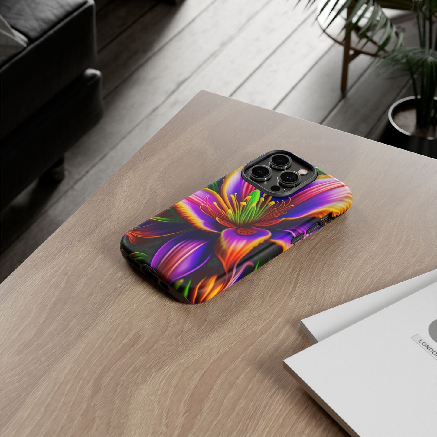 Floral Neon Tough Phone Case — Vivid Purple & Orange Lily Protective Cover