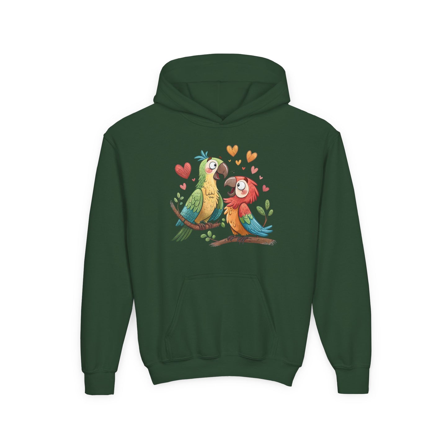 Youth Hoodie — Cute Parrot Couple Illustration (Hearts, Kids Pullover)