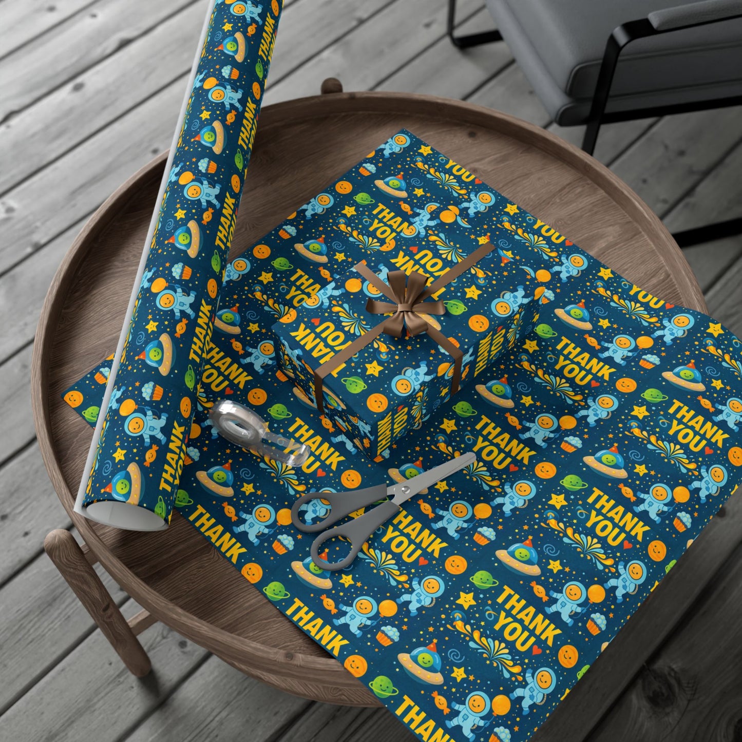 Gift Wrap Paper - 'Thank You' Space Party Pattern (Blue)
