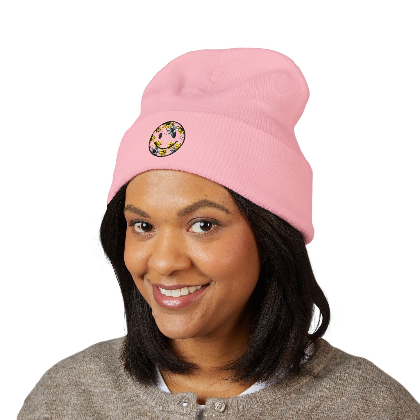 Smiley Daisy Embroidered Beanie — Cute Floral Smile Patch Cuffed Hat
