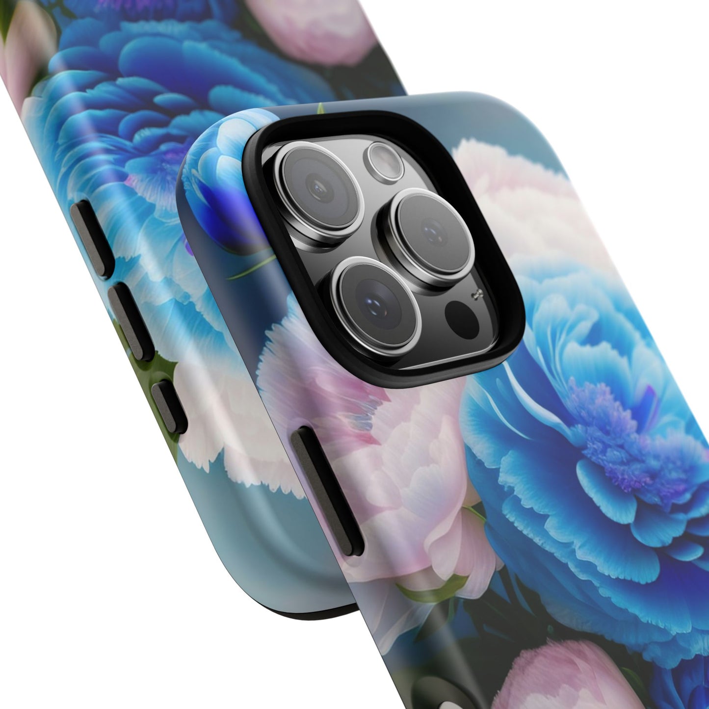 Floral Blue Peony Phone Case — Protective Tough Case with Pink & Blue Blooms