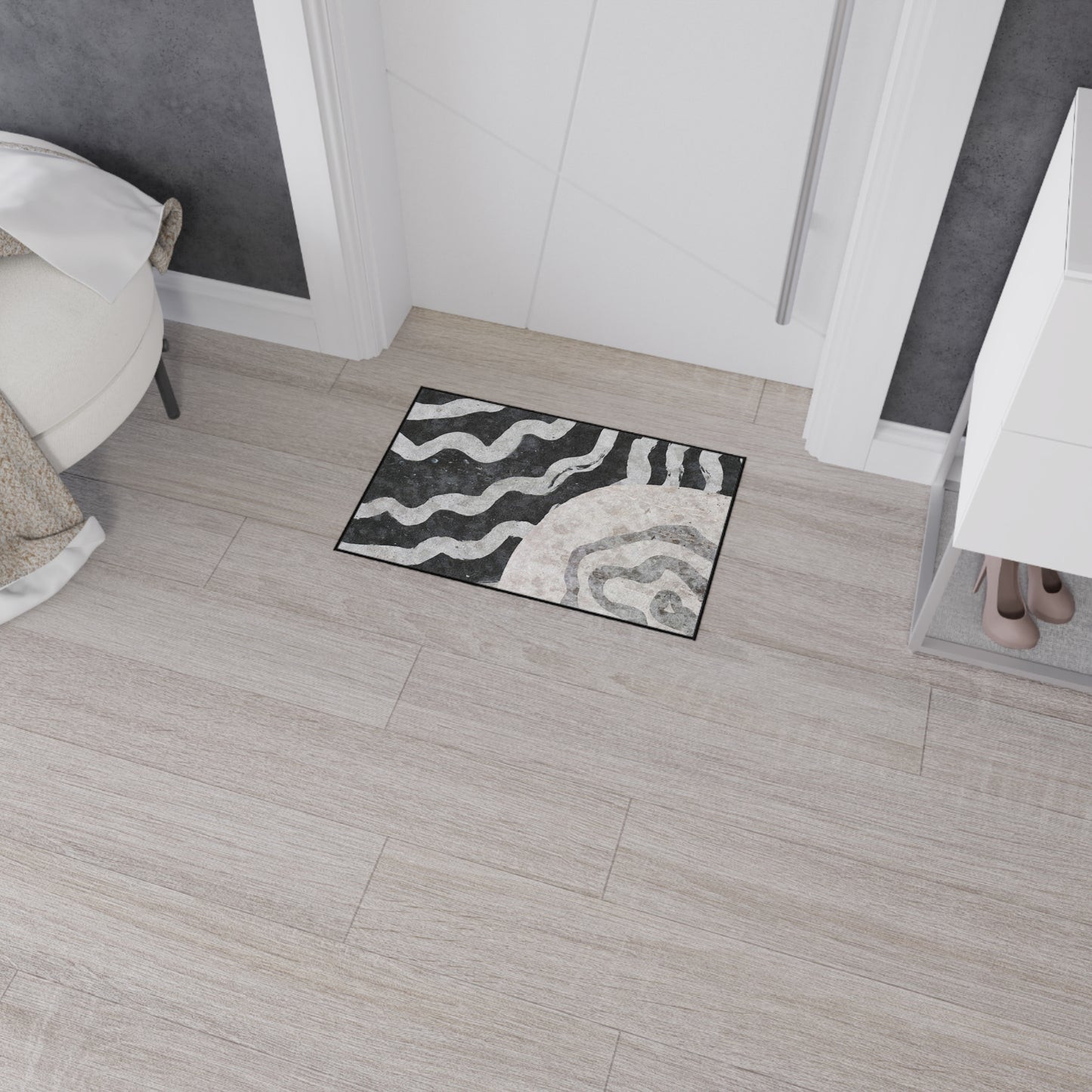 Abstract Black & Gray Heavy Duty Floor Mat — Modern Wave Rug for Entryway, Kitchen, or Office