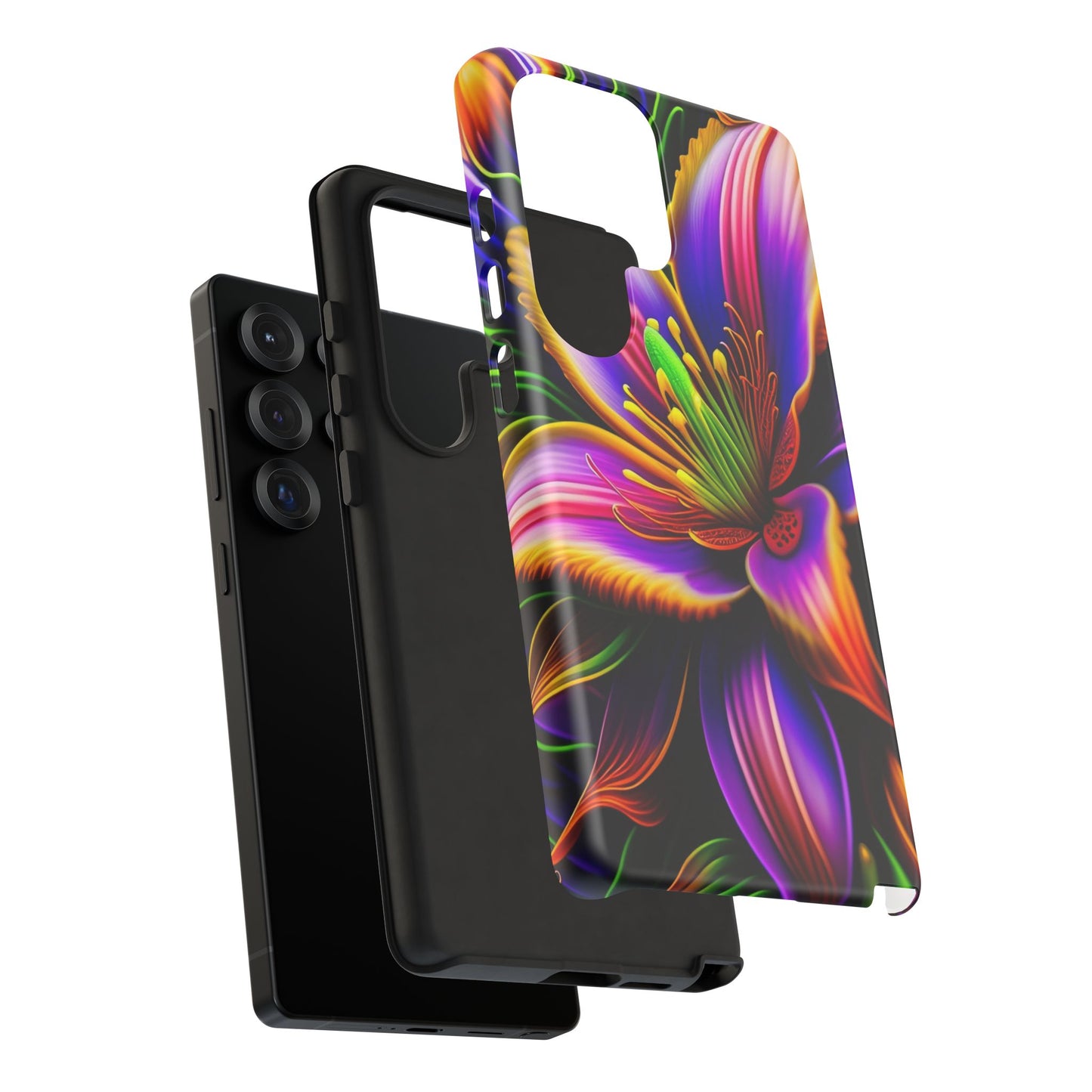 Floral Neon Tough Phone Case — Vivid Purple & Orange Lily Protective Cover