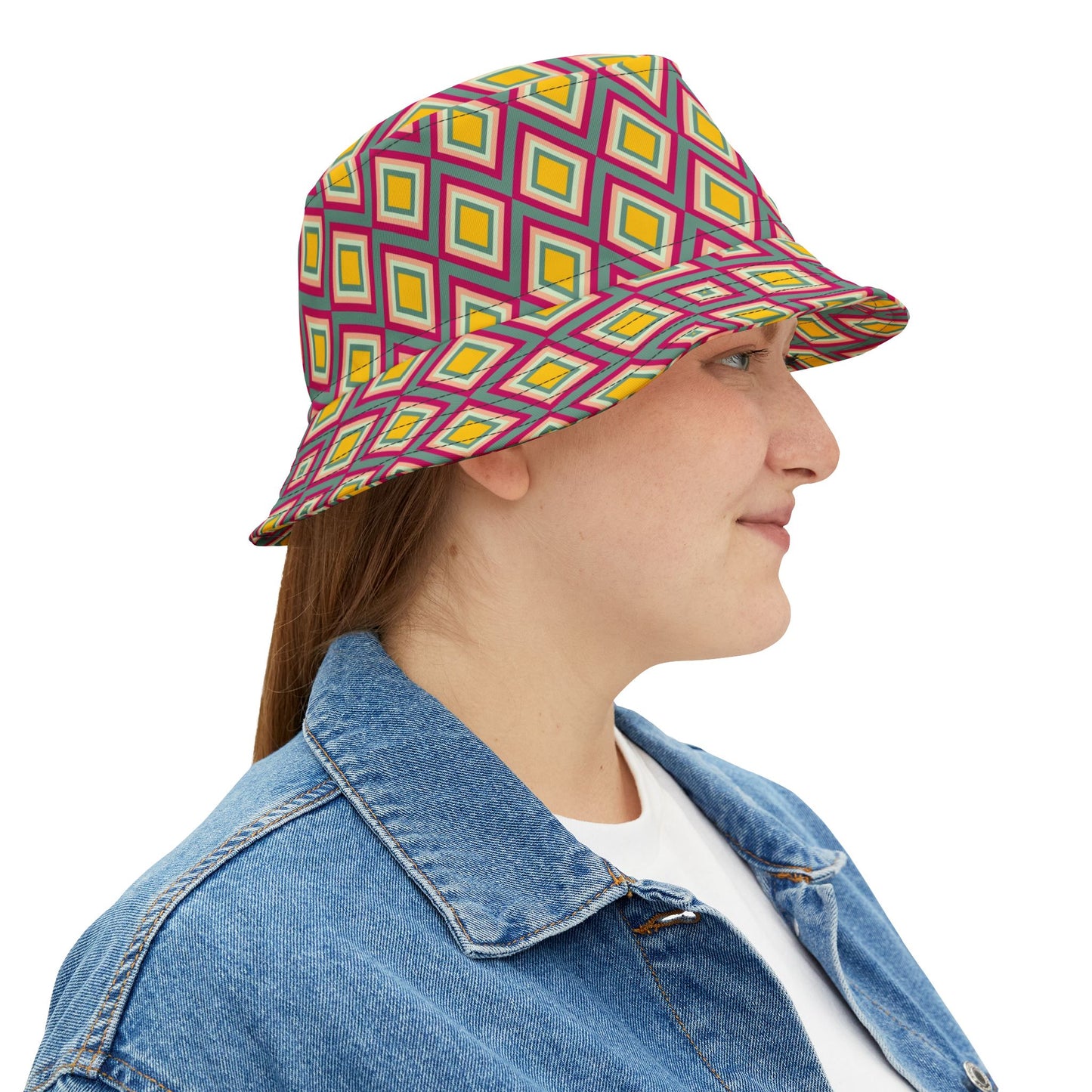 Diamond Geo Print Bucket Hat — Colorful Retro Festival Sun Hat