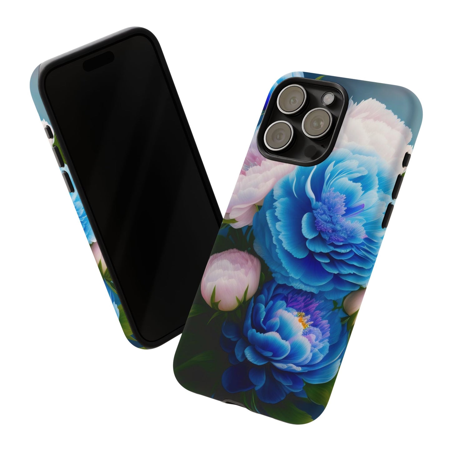 Floral Blue Peony Phone Case — Protective Tough Case with Pink & Blue Blooms