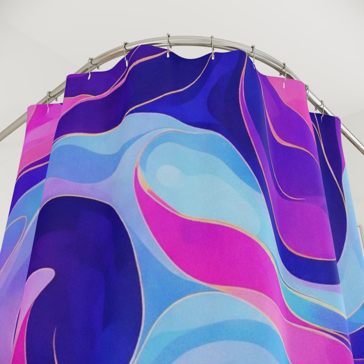 Abstract Ocean Waves Shower Curtain — Blue & Pink Swirl Bathroom Decor