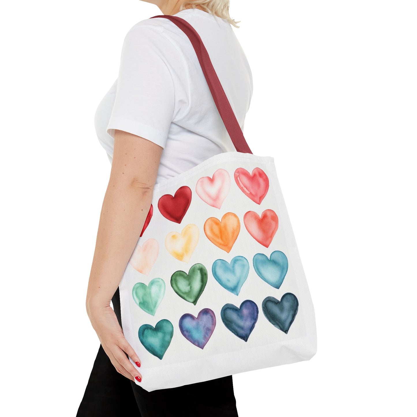 Watercolor Rainbow Hearts Tote Bag — Colorful Heart Pattern Beach & Market Tote
