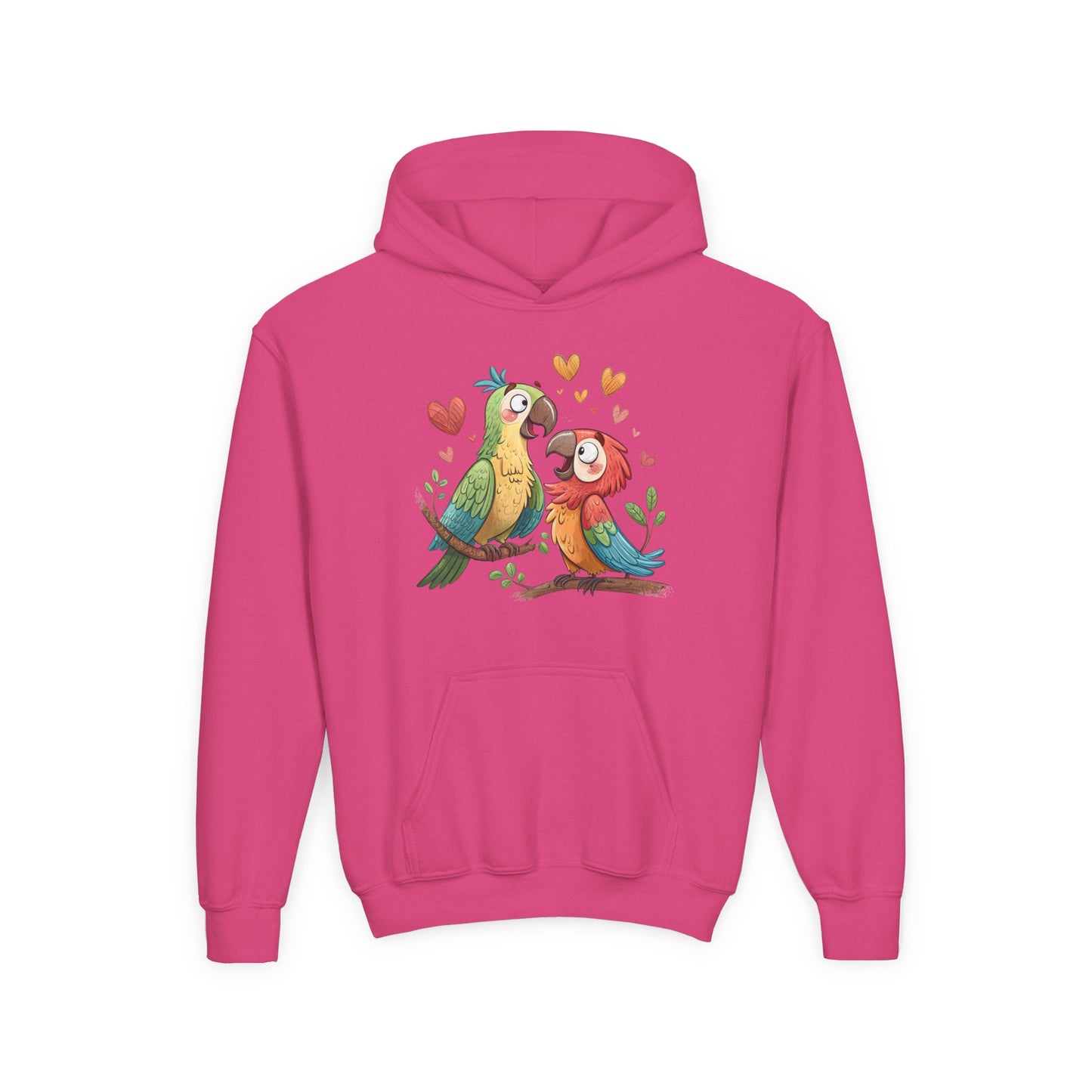Youth Hoodie — Cute Parrot Couple Illustration (Hearts, Kids Pullover)