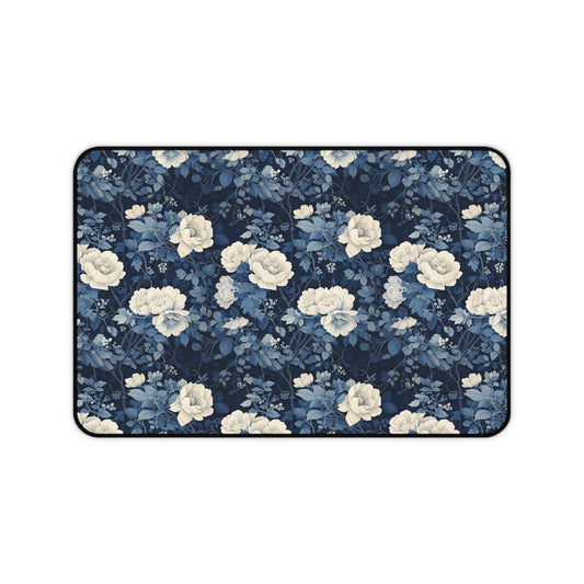 Blue Vintage Rose Floral Desk Mat — Navy Floral Mouse Pad for Office & Home