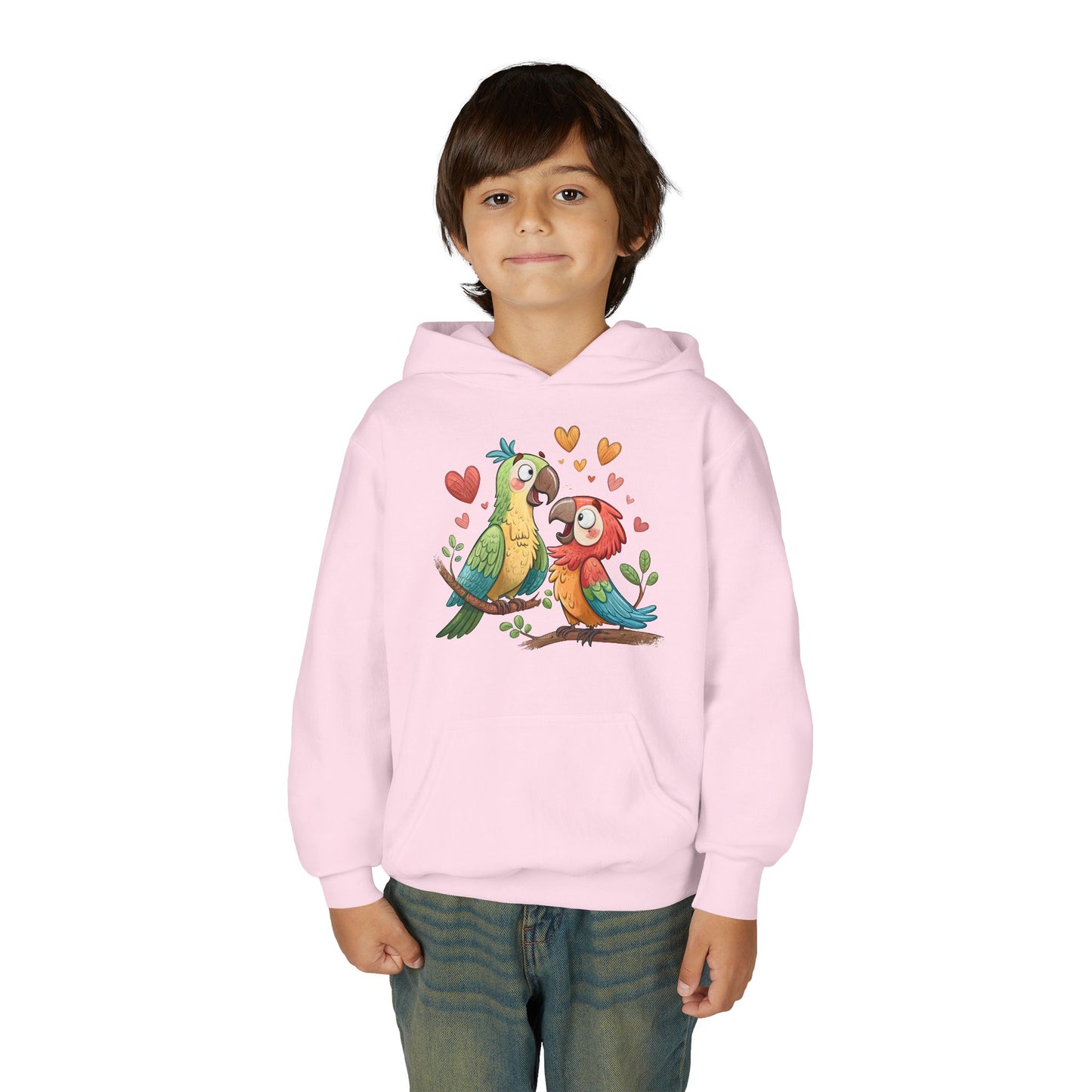 Youth Hoodie — Cute Parrot Couple Illustration (Hearts, Kids Pullover)