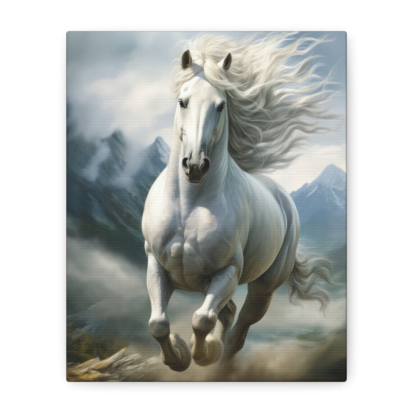 White Stallion Canvas Print – Majestic Galloping Horse Wall Art