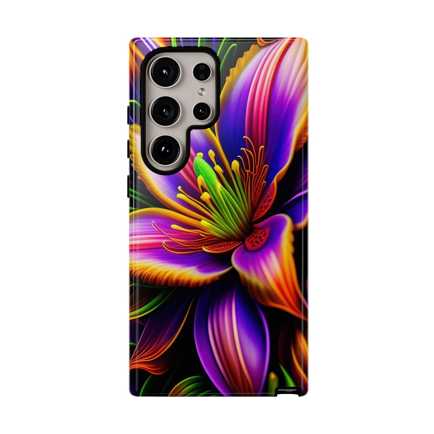 Floral Neon Tough Phone Case — Vivid Purple & Orange Lily Protective Cover