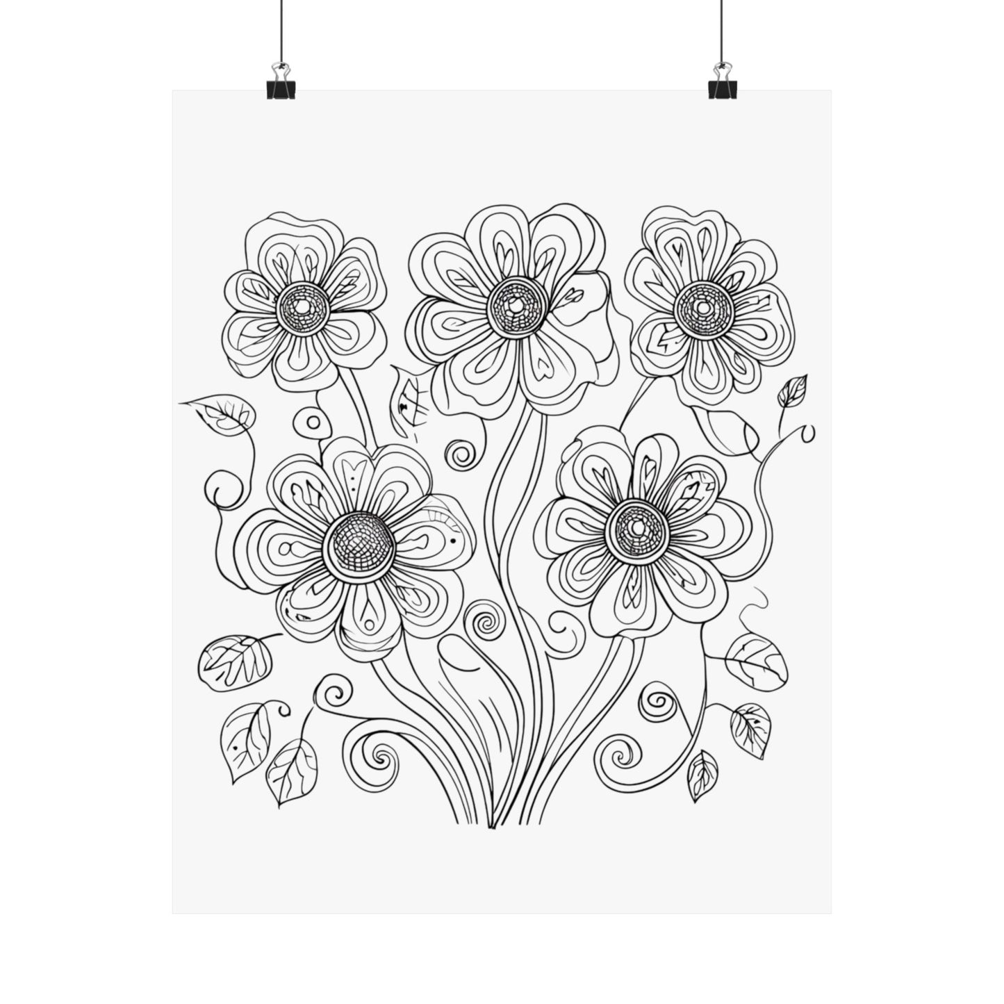 Floral Line Art Poster — Black & White Daisy Bouquet Matte Print - DIY