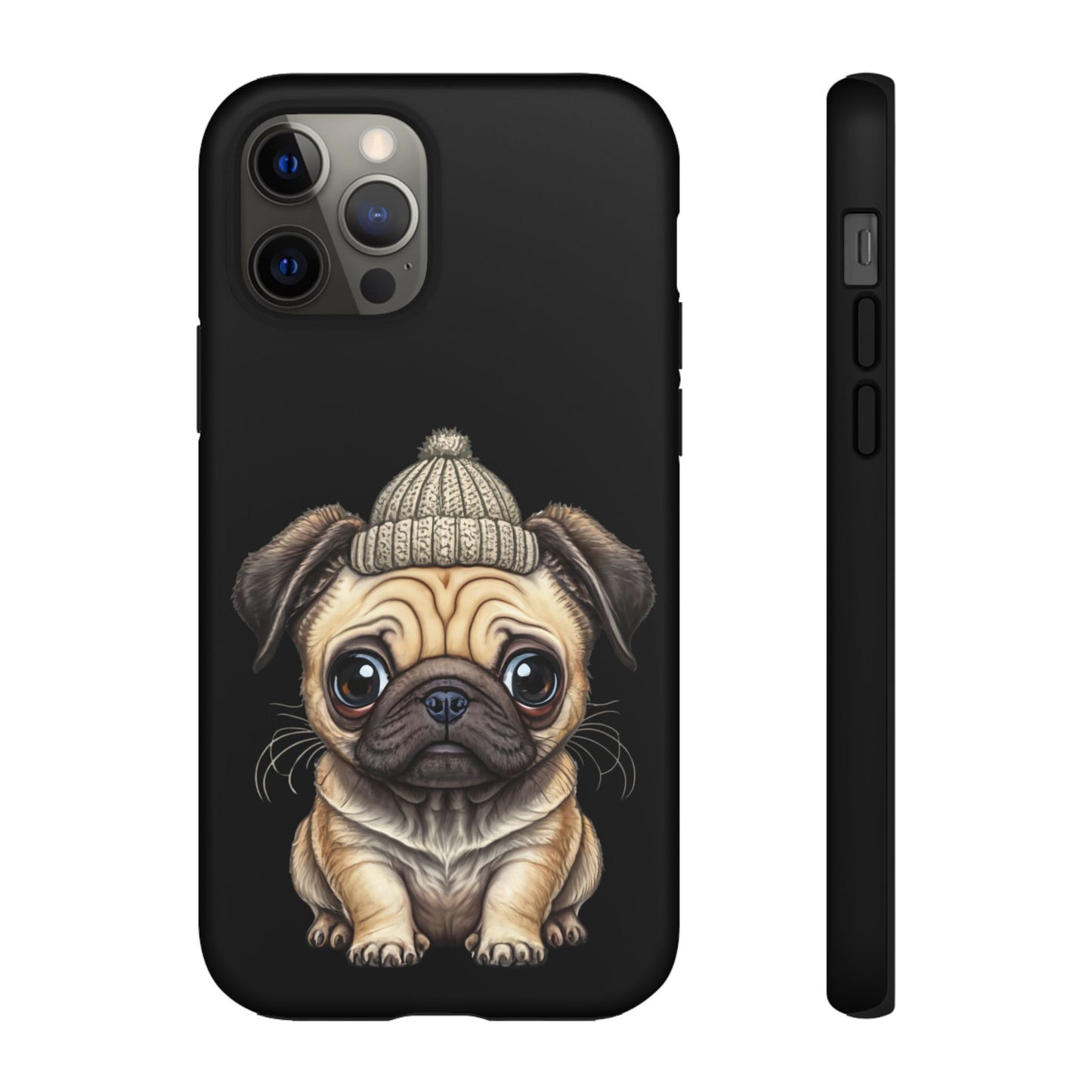 Pug Phone Case – Cute Pug Puppy Illustration on Black Tough Case