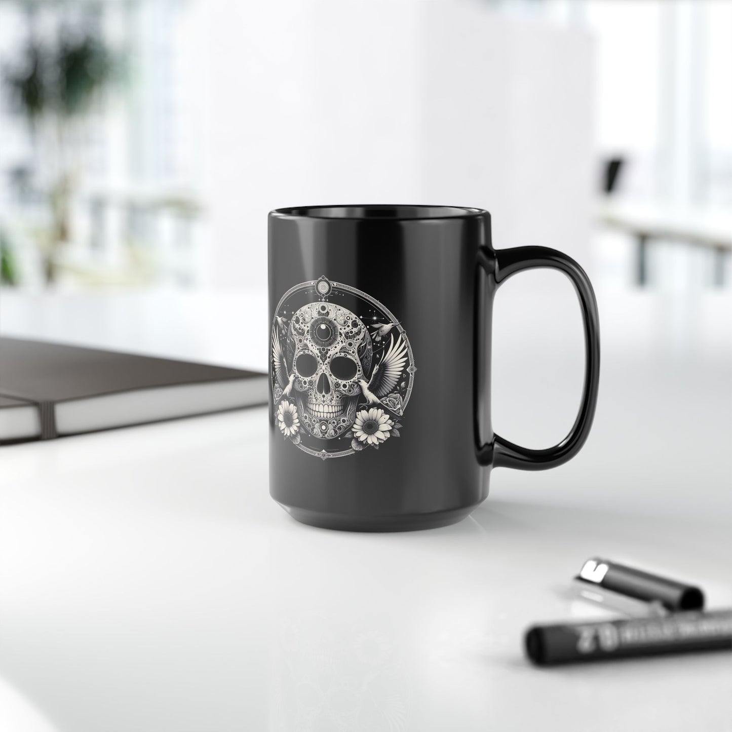 15oz Black Mug — Gothic Skull with Doves & Daisies Coffee Cup