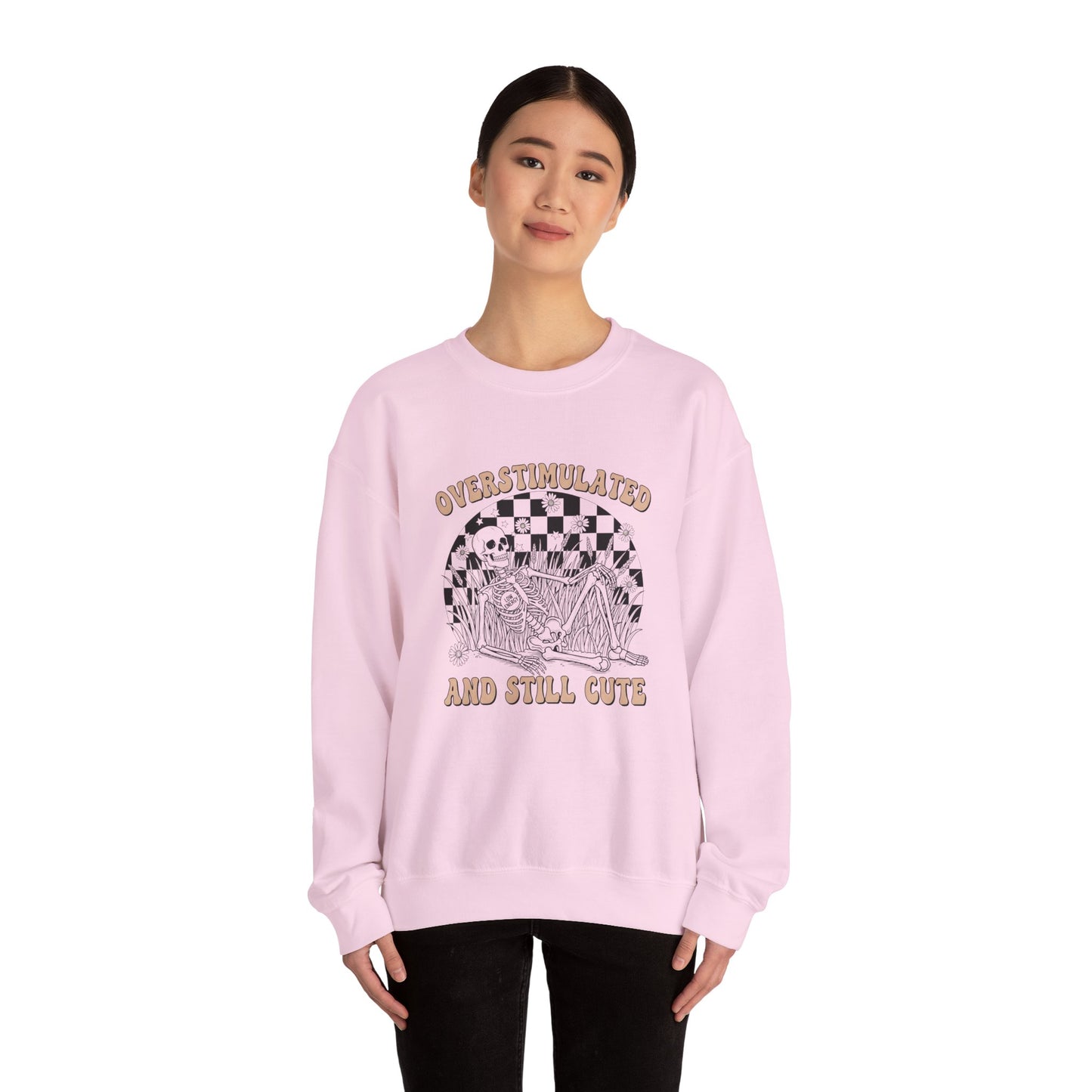 Sweatshirt — "Overstimulated and Still Cute" Skull Checkerboard Graphic Crewneck