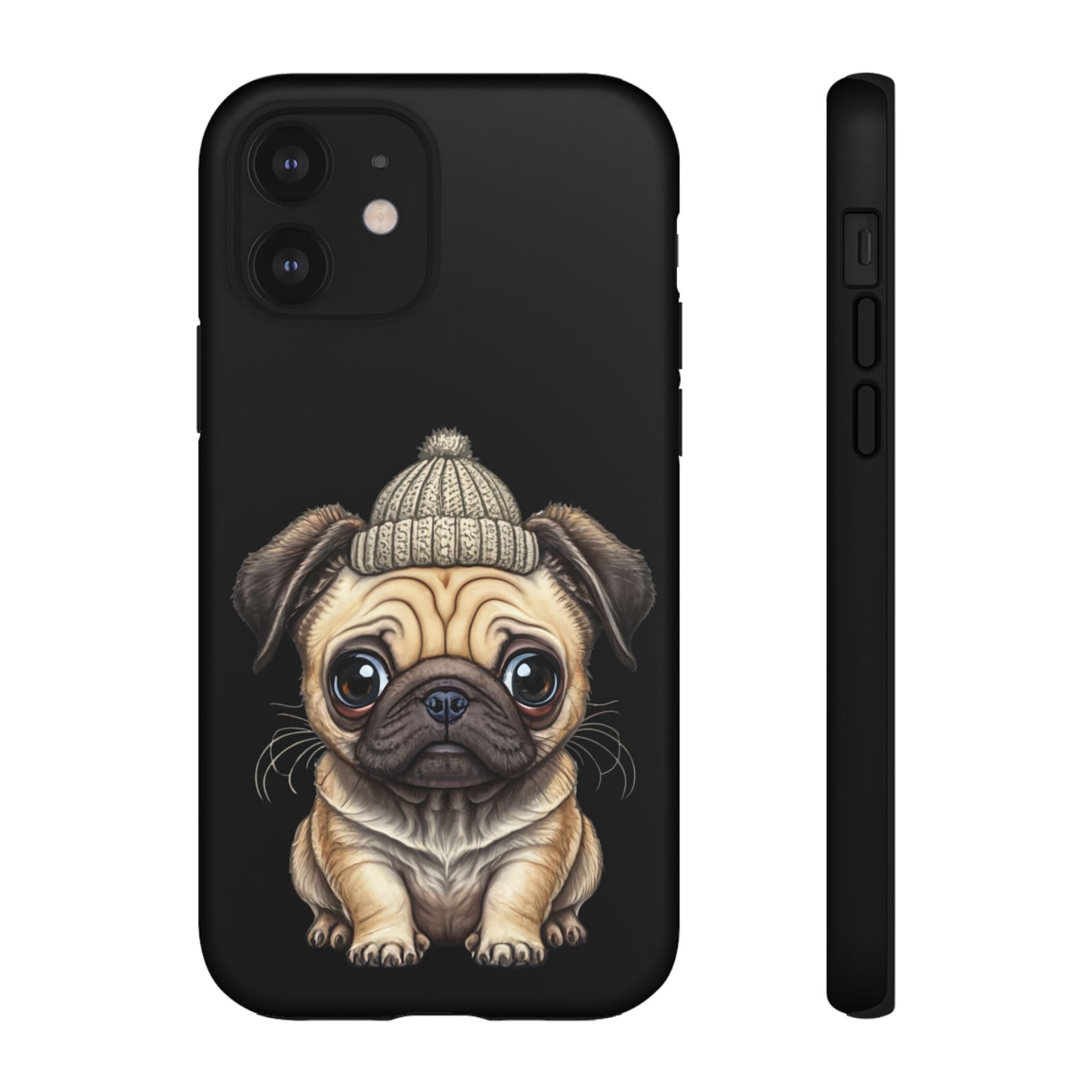 Pug Phone Case – Cute Pug Puppy Illustration on Black Tough Case
