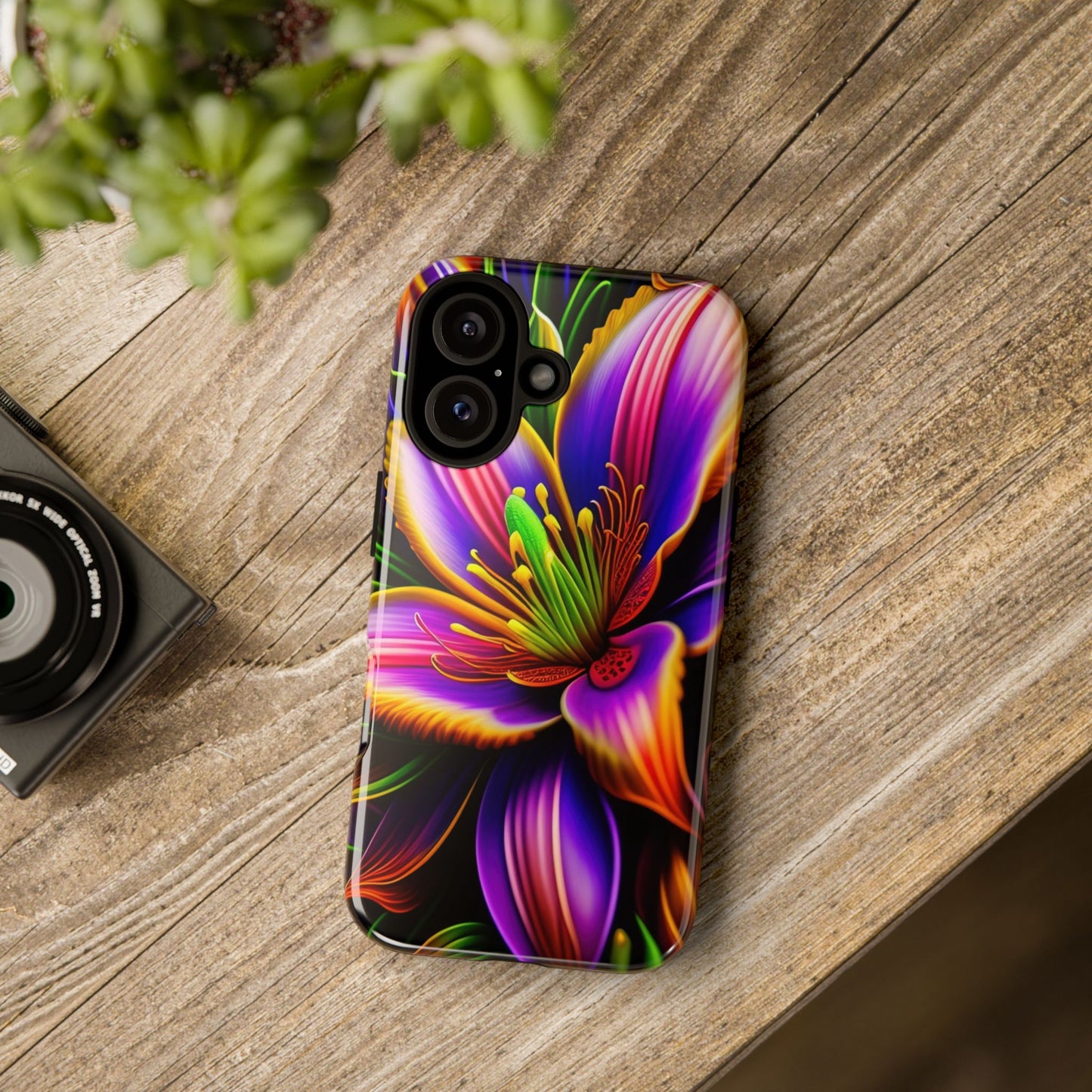 Floral Neon Tough Phone Case — Vivid Purple & Orange Lily Protective Cover