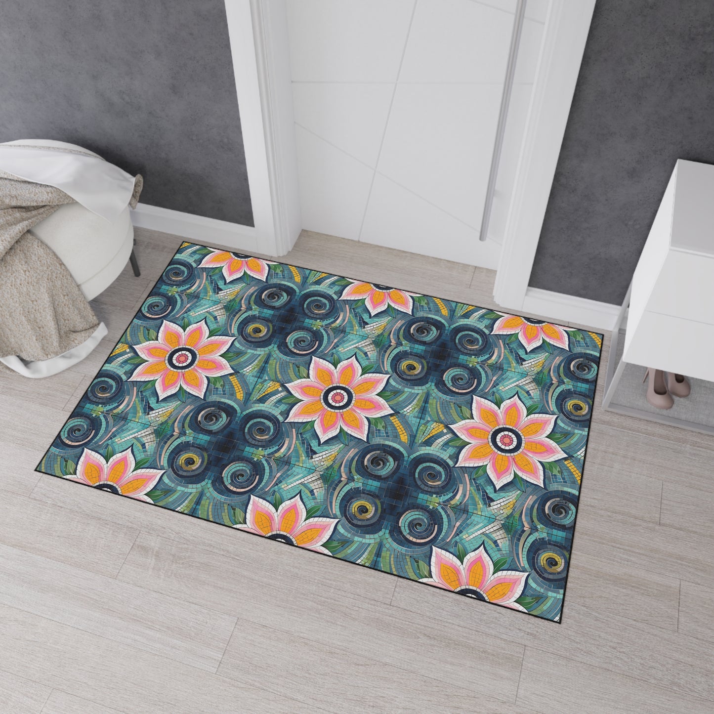 Floral Mosaic Heavy-Duty Floor Mat — Non-Slip Garden Pattern Rug
