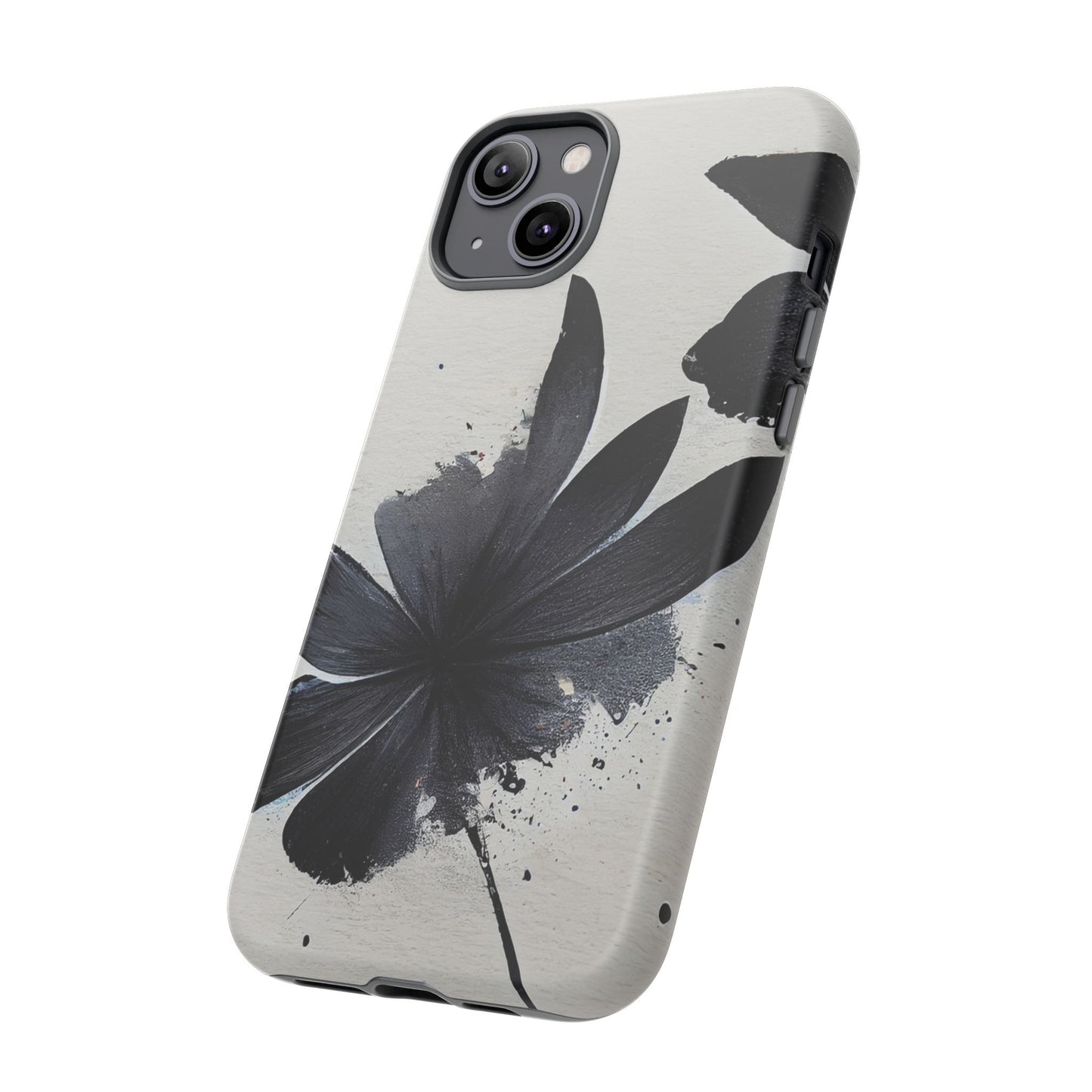 Monochrome Floral Tough Phone Case — Black Ink Flower Protective Cover