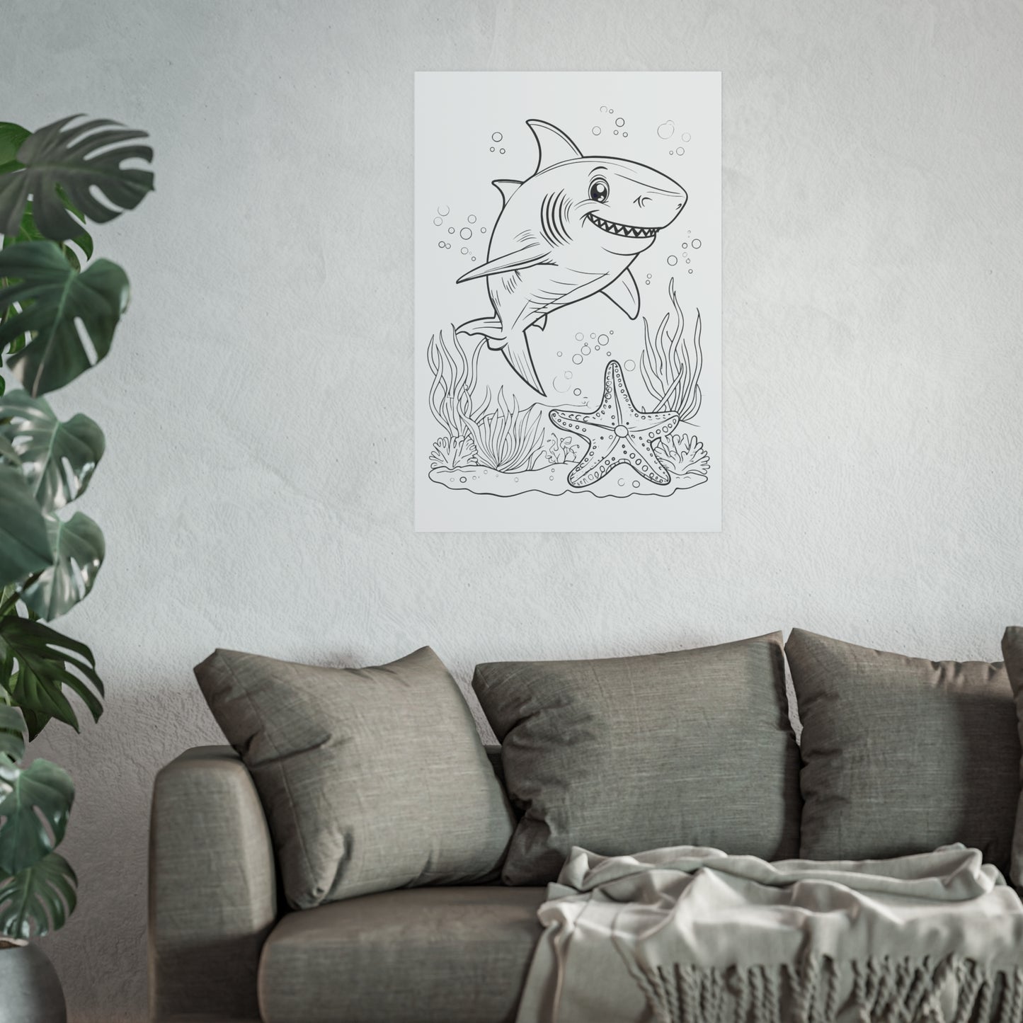 Cute Shark Coloring Poster — Satin & Archival Matte Ocean Print for Kids’ Rooms