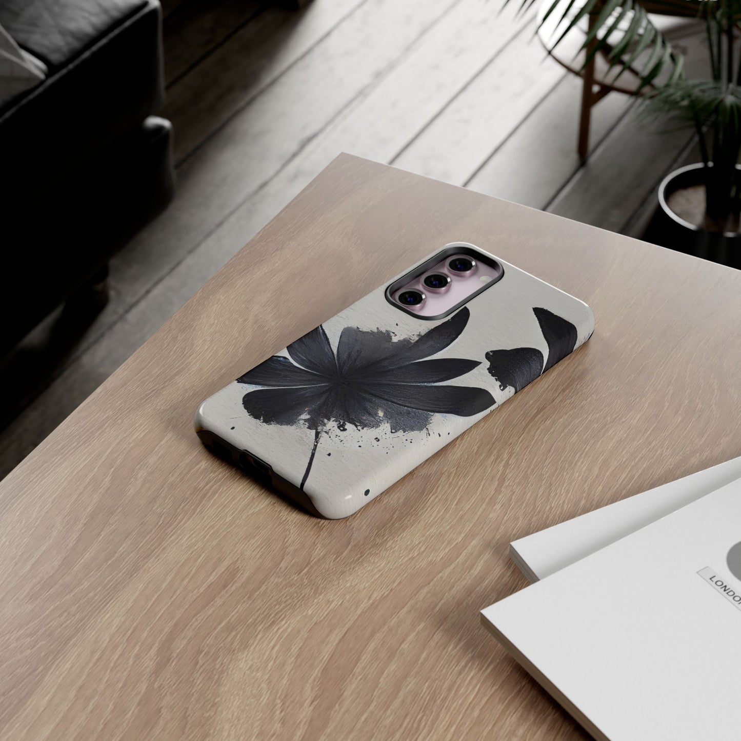 Monochrome Floral Tough Phone Case — Black Ink Flower Protective Cover