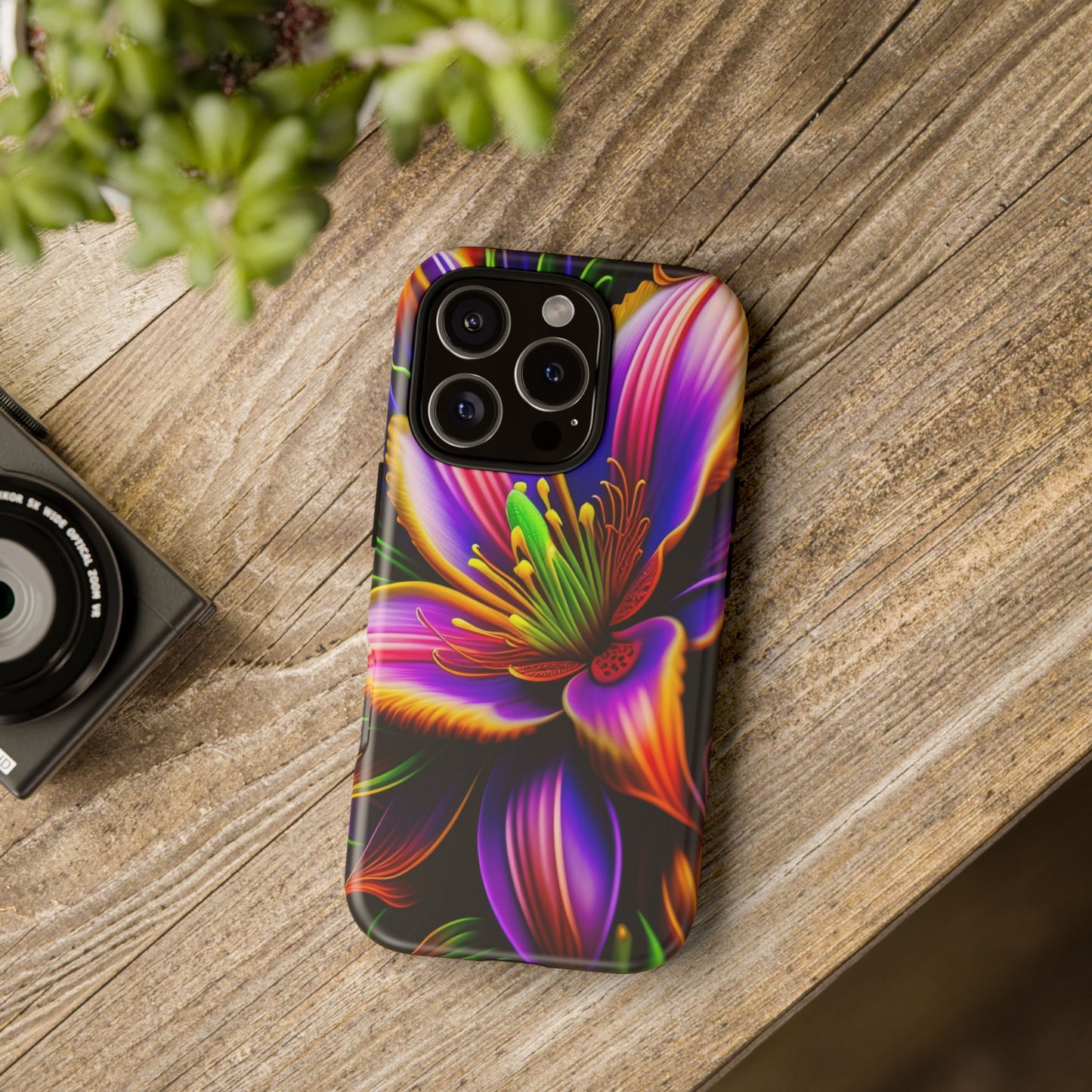 Floral Neon Tough Phone Case — Vivid Purple & Orange Lily Protective Cover