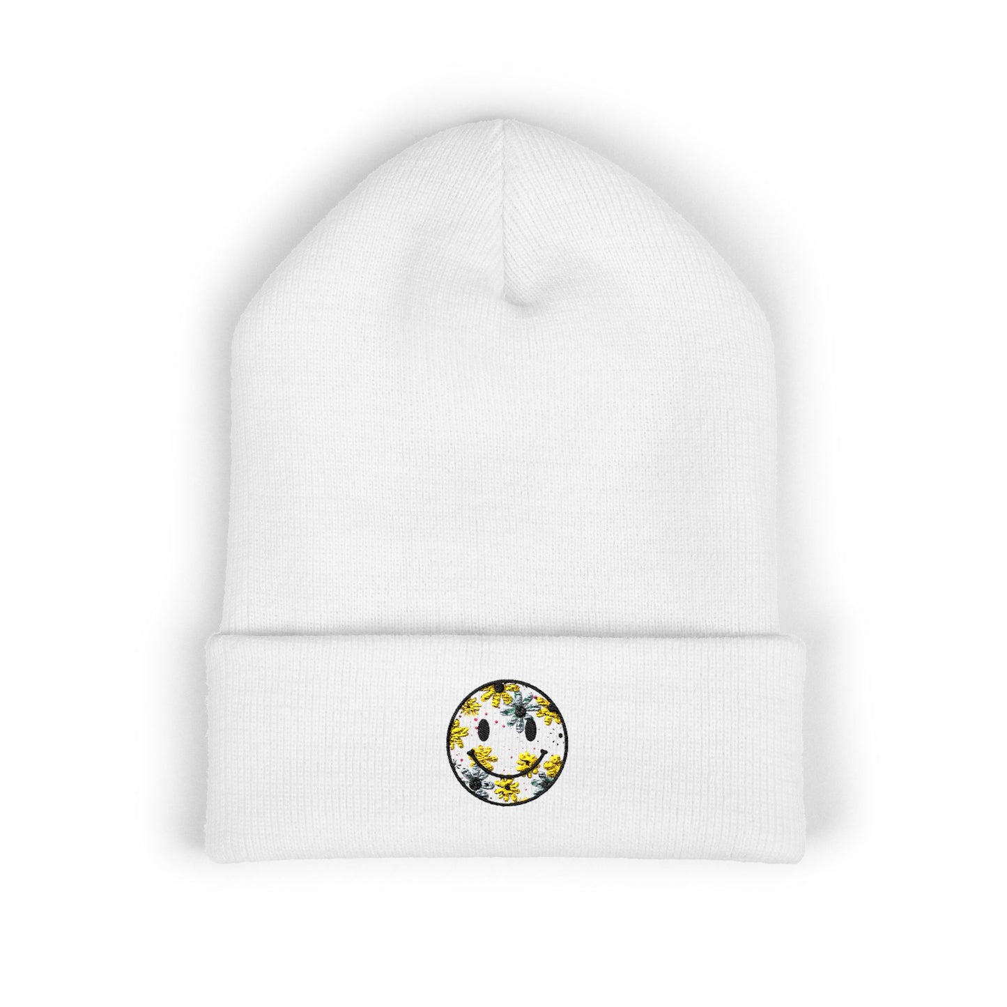 Smiley Daisy Embroidered Beanie — Cute Floral Smile Patch Cuffed Hat