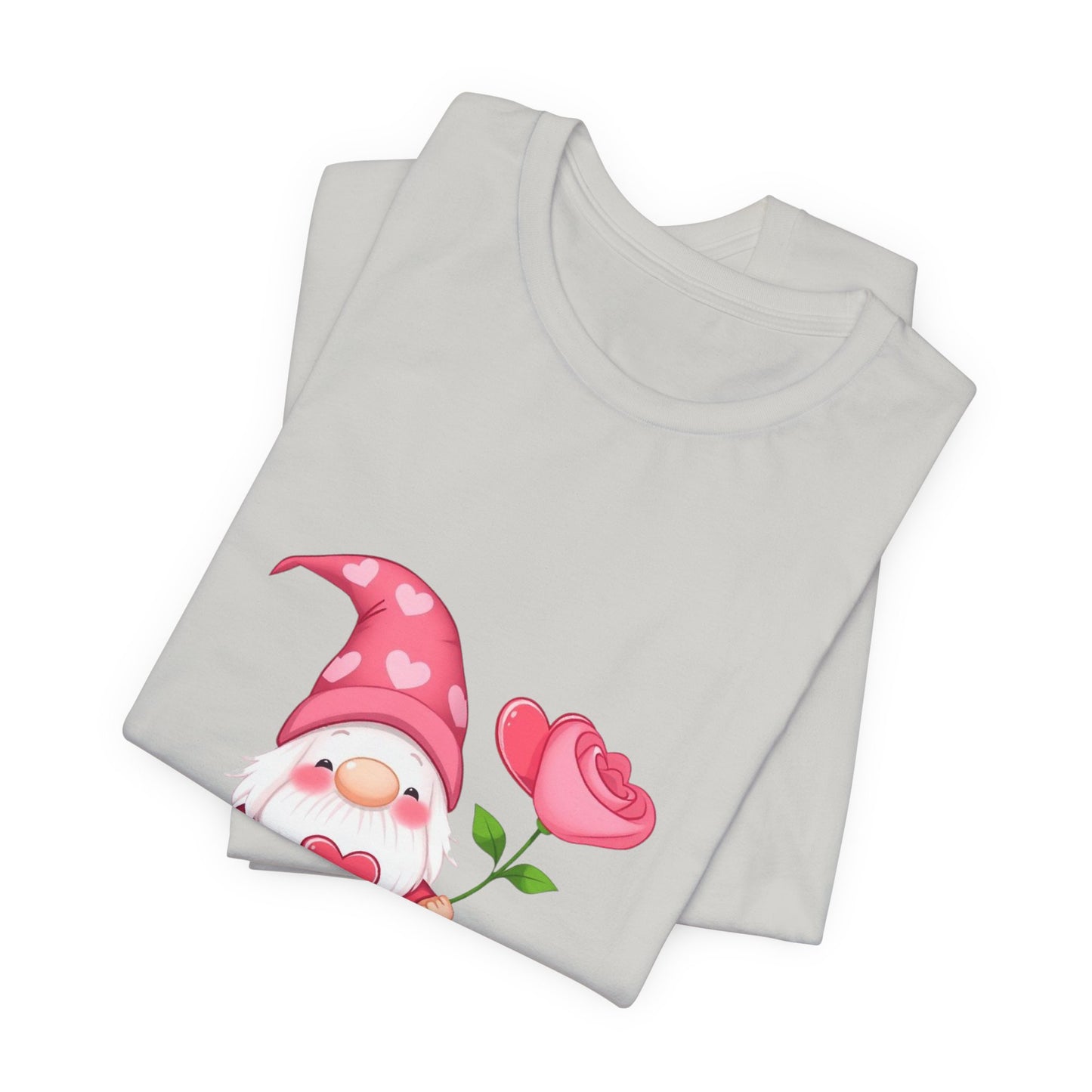 Valentine Gnome T‑Shirt — Cute Pink Gnome Holding Rose Tee